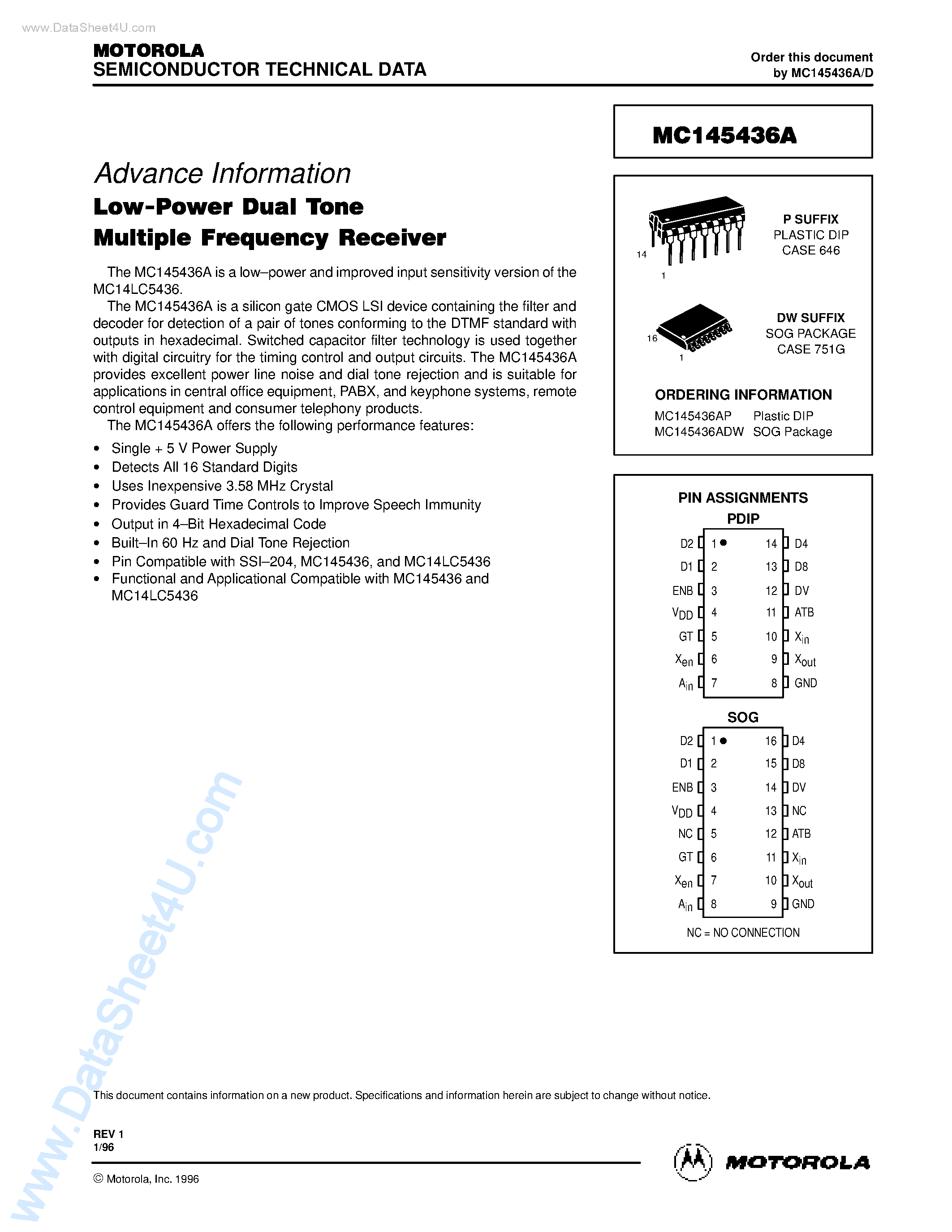 Datasheet MC145436A - Low Power Dual Tone Multiple Frequency Receiver page 1
