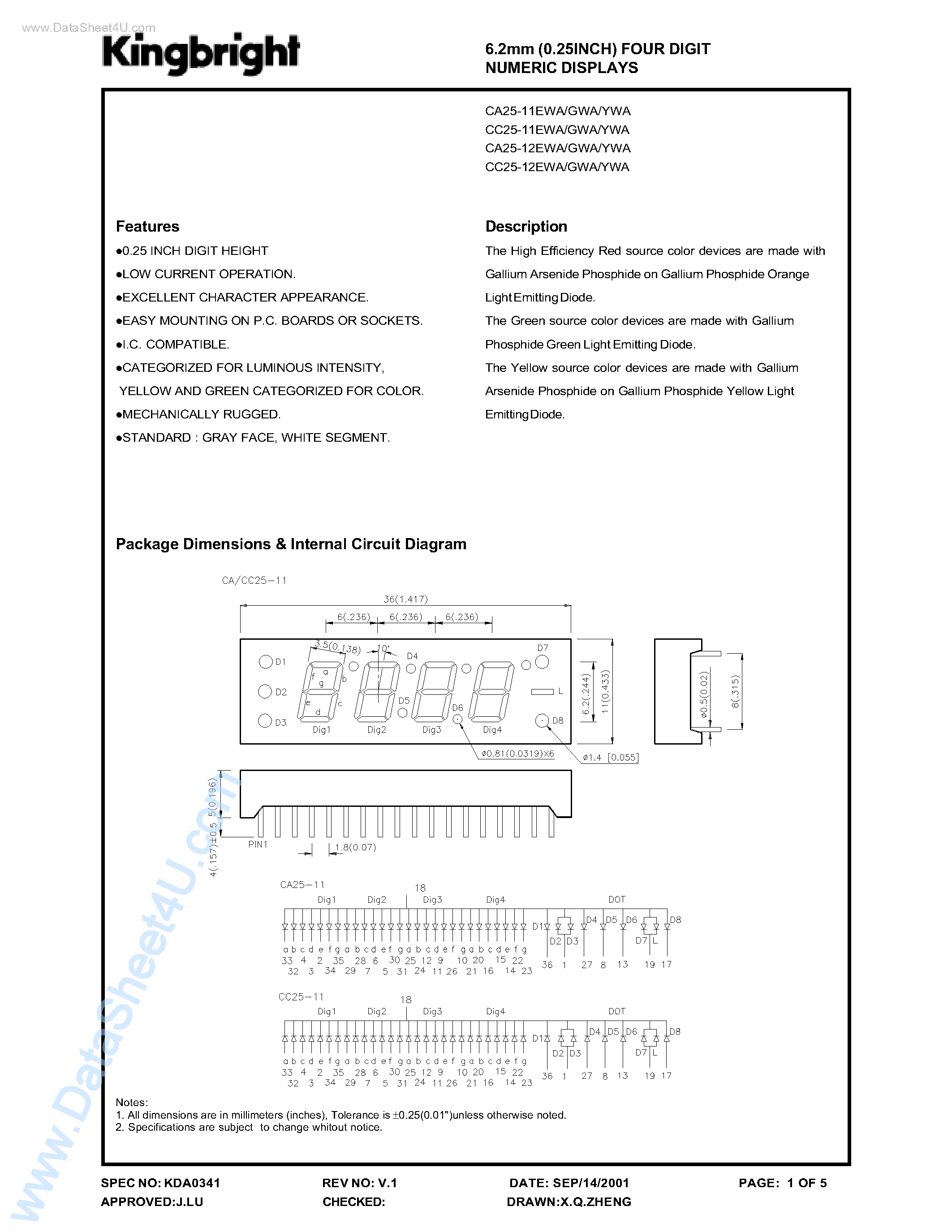 Datasheet CA25-11xxx - (CA25-11xxx / CA25-12xxx) 6.2mm (0.25INCH) FOUR DIGIT NUMERIC DISPLAYS page 1