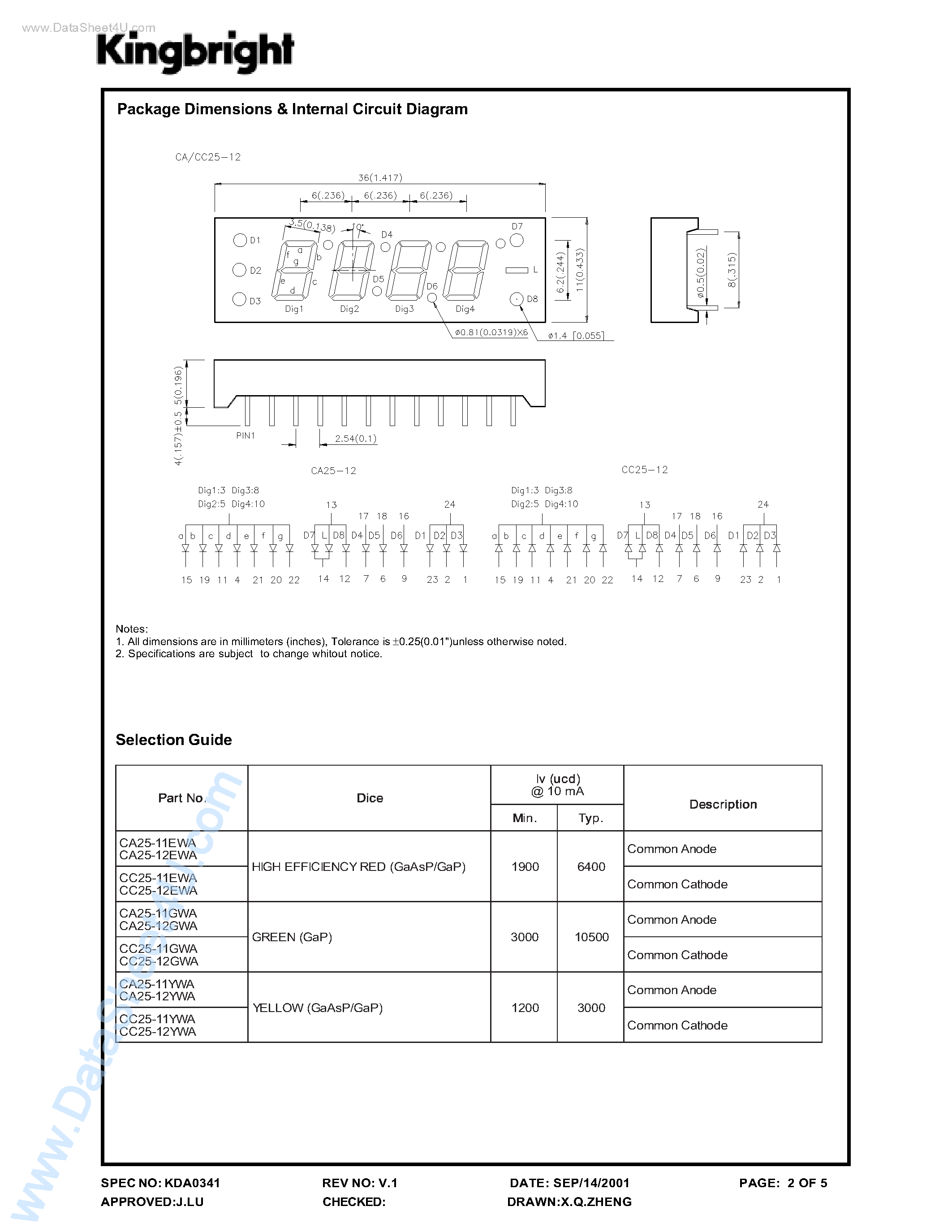 Datasheet CA25-11xxx - (CA25-11xxx / CA25-12xxx) 6.2mm (0.25INCH) FOUR DIGIT NUMERIC DISPLAYS page 2