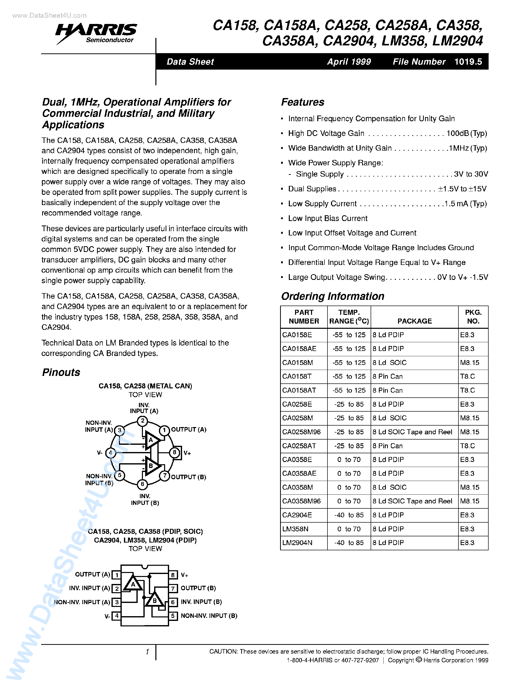 Даташит CA258 - (CA258A / CA258 / CA2904) Operational Amplifiers страница 1