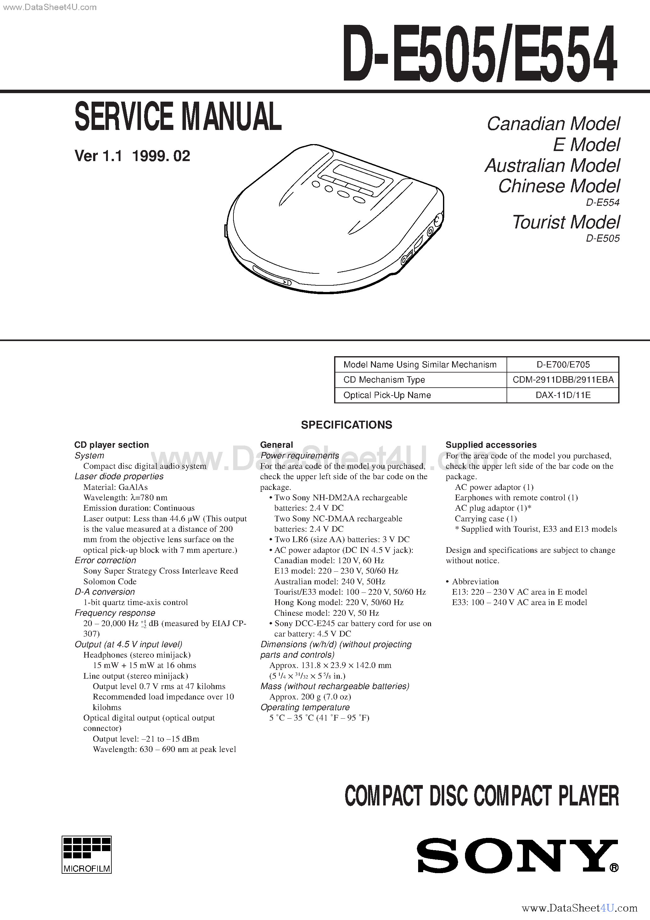 Datasheet D-E504 - (D-E505 / D-E554) Service Manual page 1