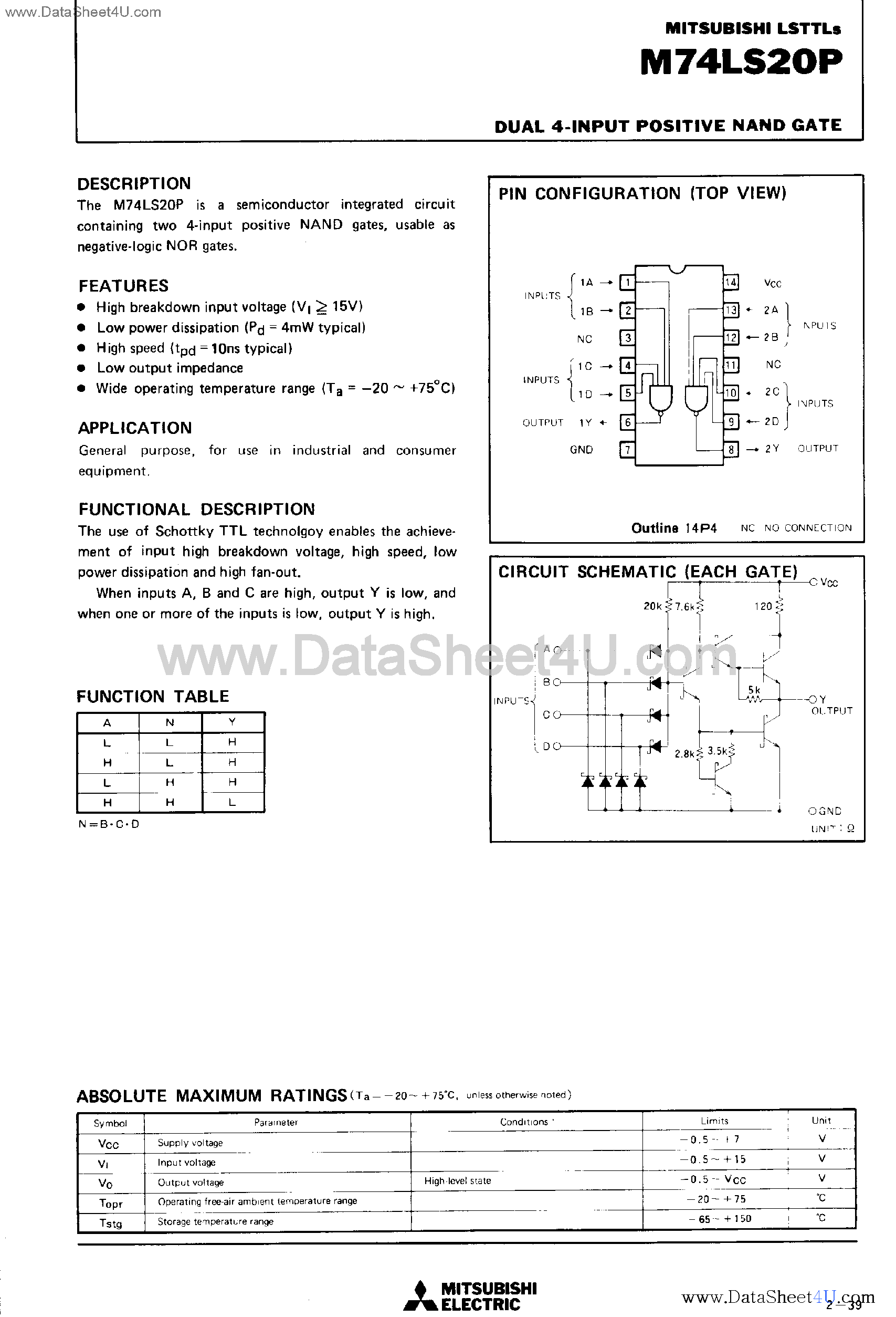 Даташит M74LS20P - Dual 4-Input Positive NAND Gate страница 1