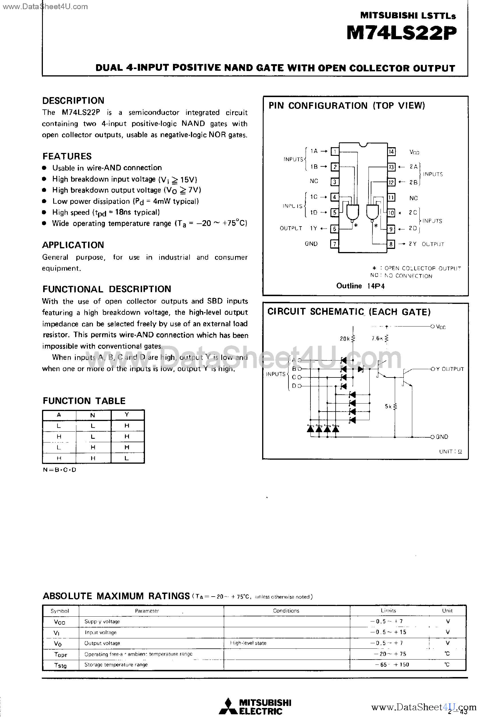 Даташит M74LS22P - Dual 4-Input Positive NAND Gate страница 1