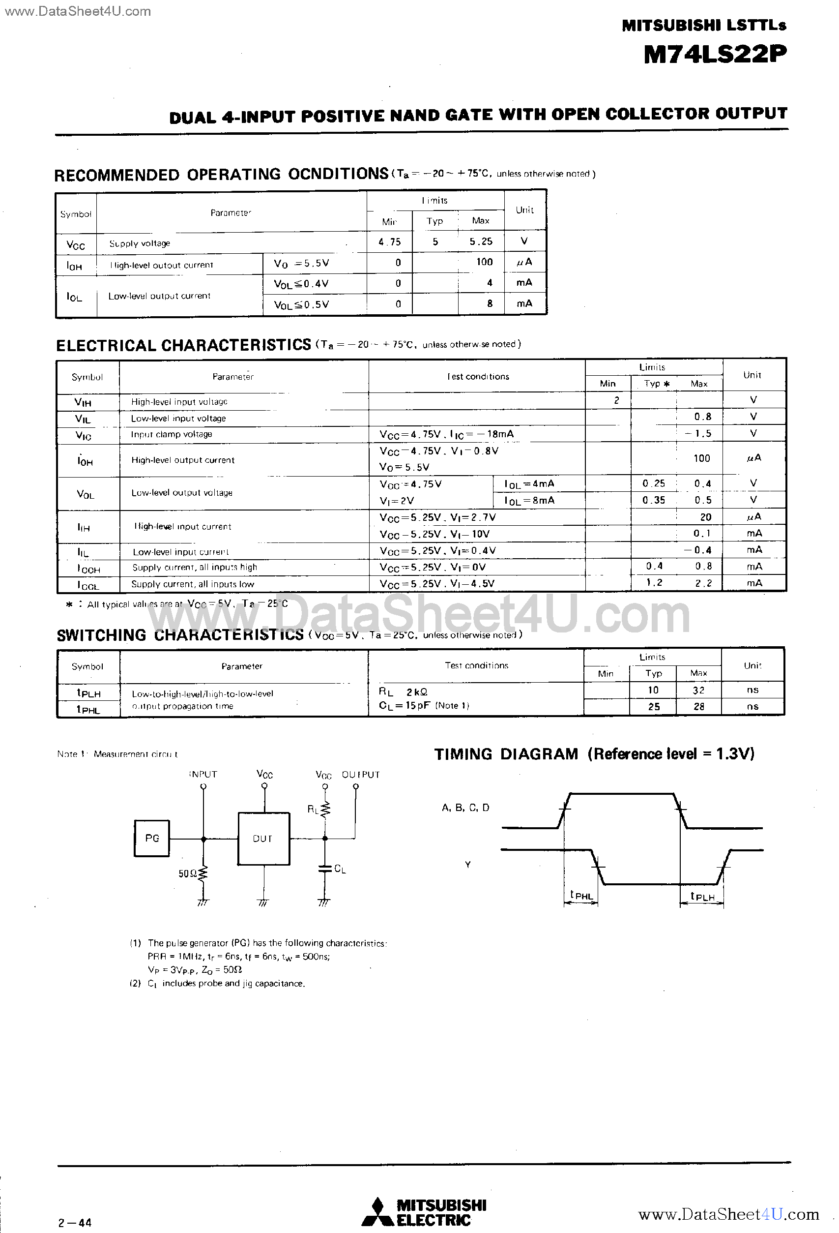Datasheet M74LS22P - Dual 4-Input Positive NAND Gate page 2