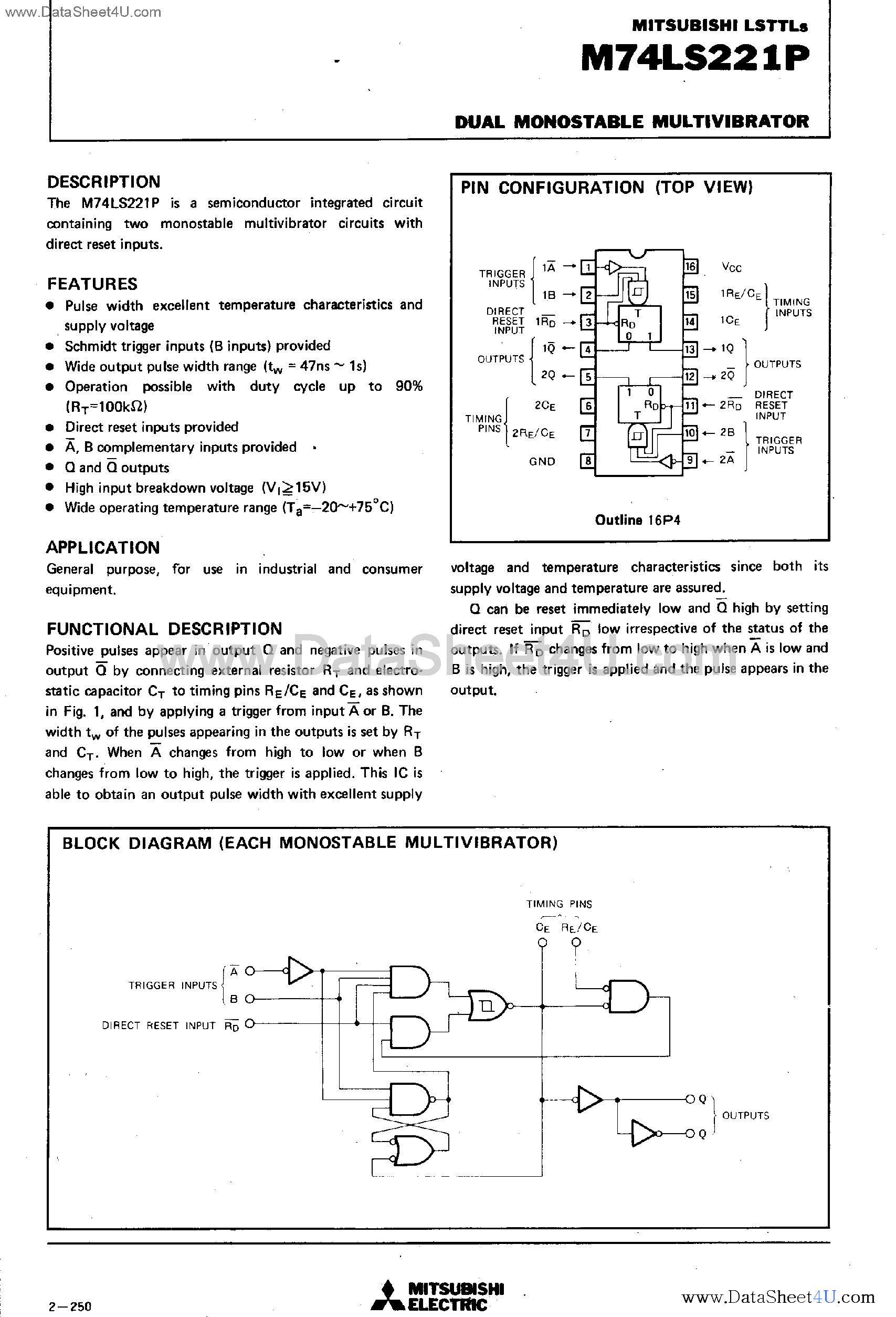 Даташит M74LS221P - Dual Monostable Multivibrator страница 1