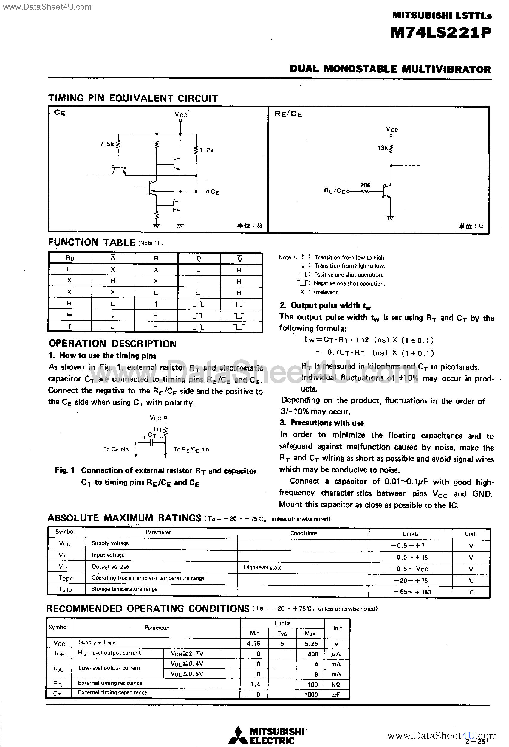 Даташит M74LS221P - Dual Monostable Multivibrator страница 2