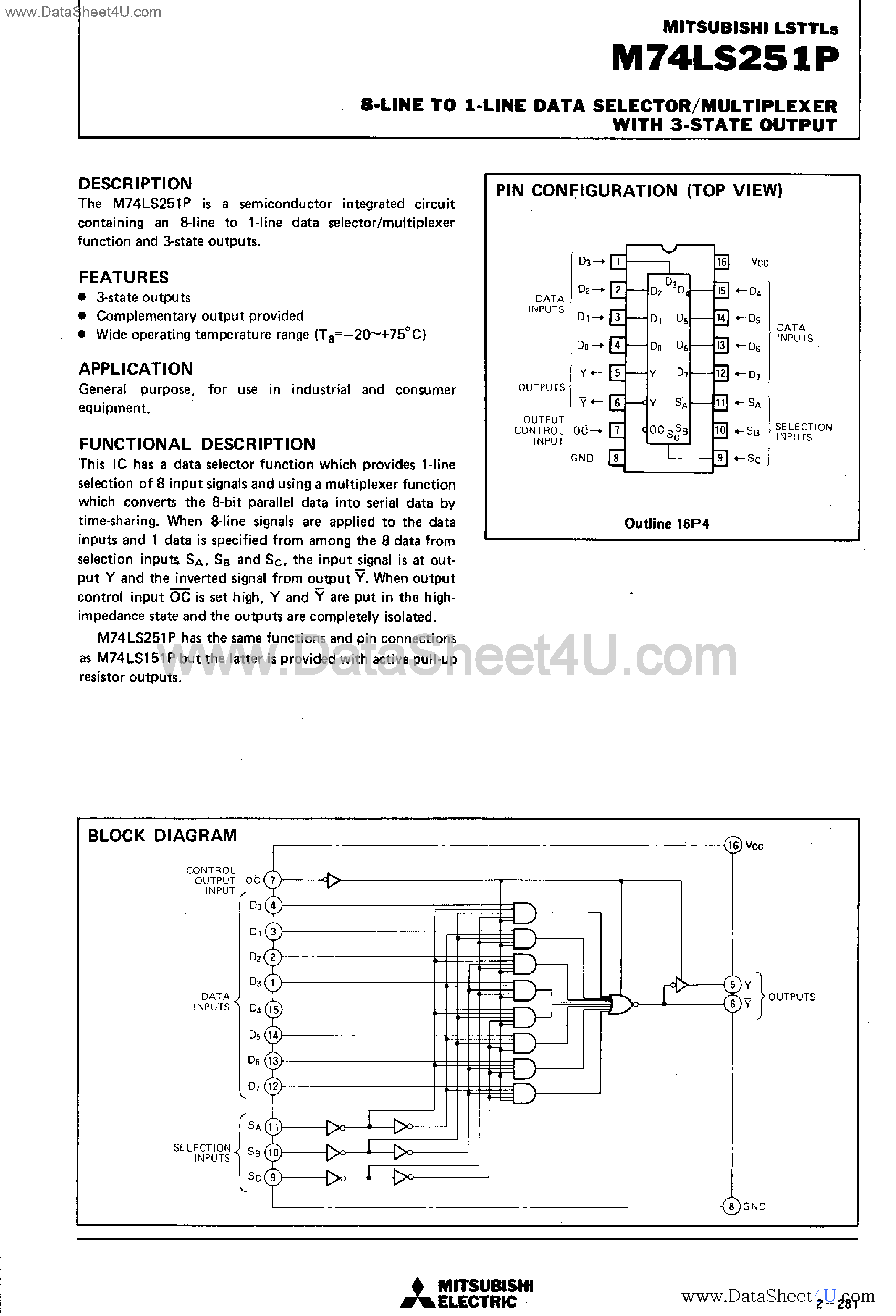 Datasheet M74LS251P - 8-Line to 3-Line Data Selector / Multiplexer page 1