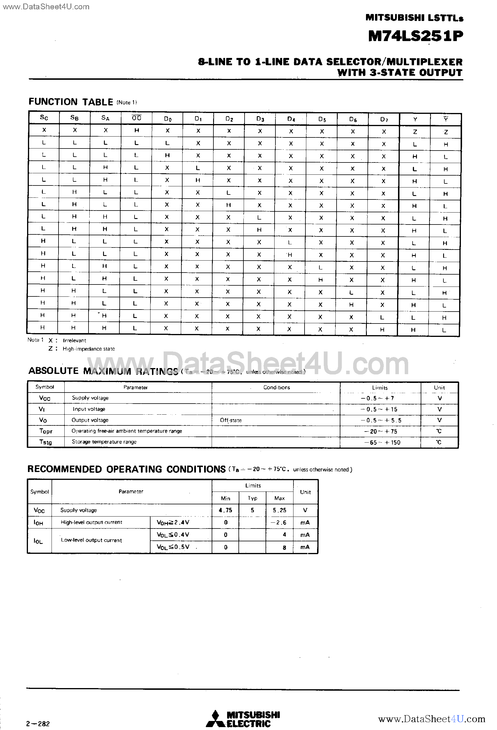 Даташит M74LS251P - 8-Line to 3-Line Data Selector / Multiplexer страница 2