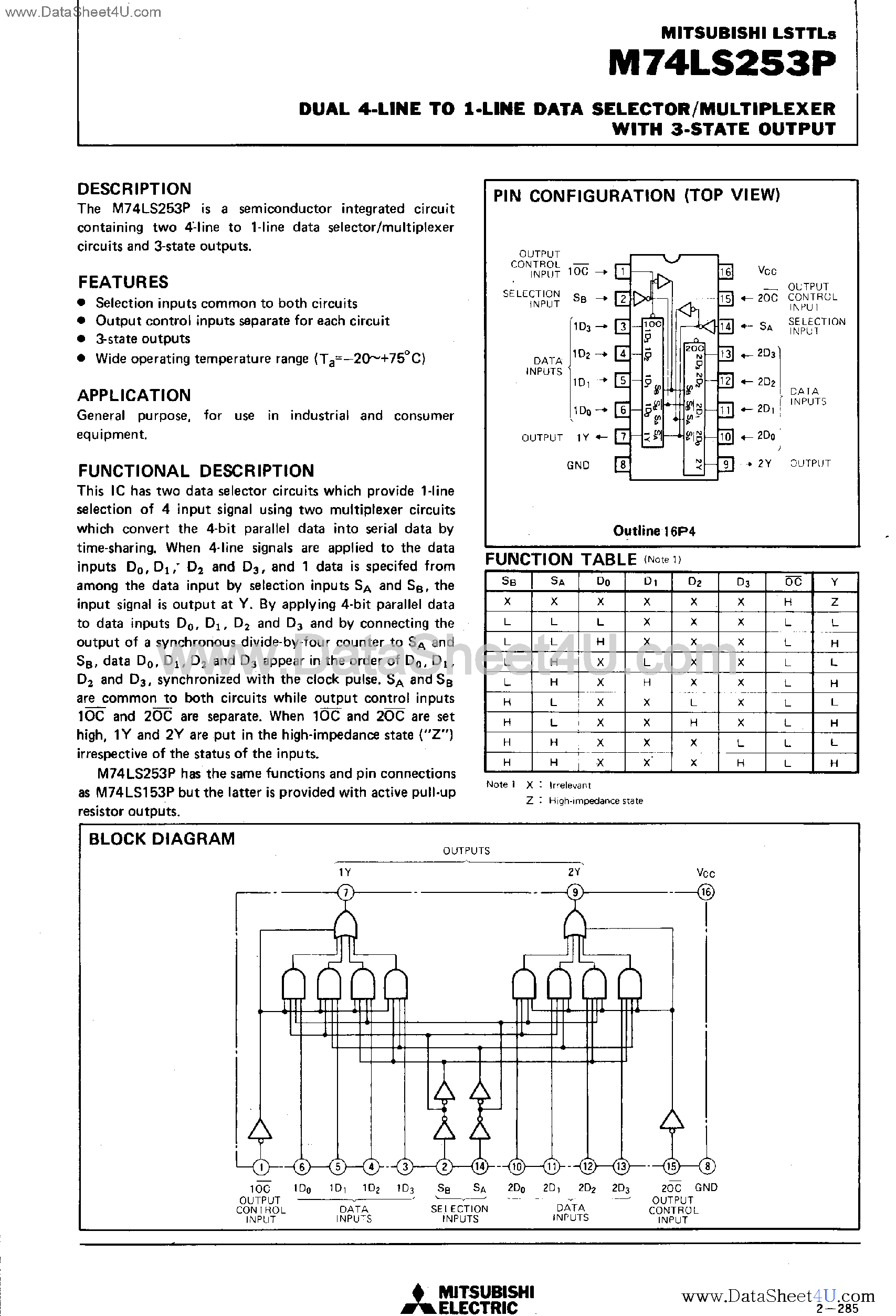 Datasheet M74LS253P - Dual 4-Line to 1-Line Data Selector / Multiplexer page 1