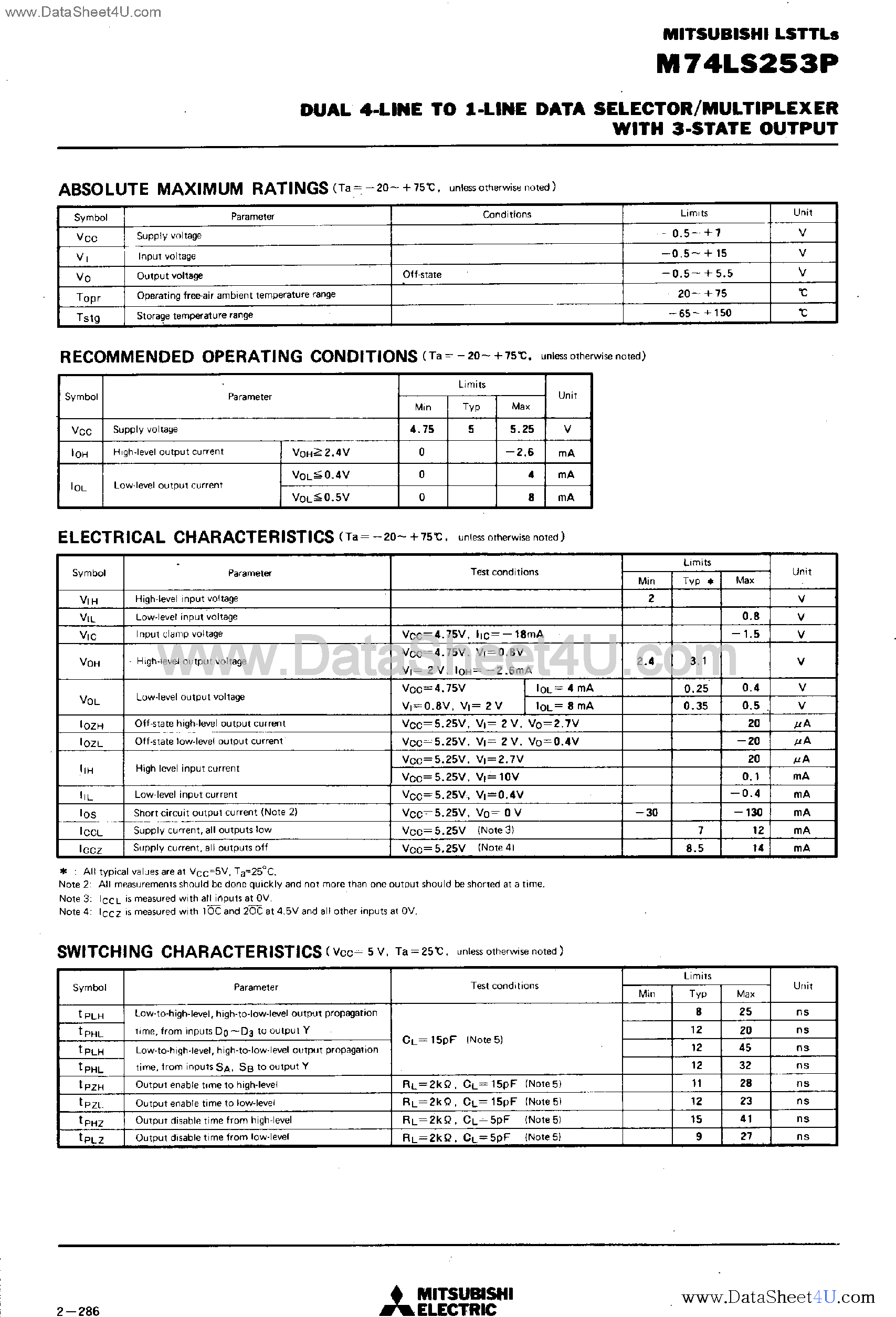 Datasheet M74LS253P - Dual 4-Line to 1-Line Data Selector / Multiplexer page 2