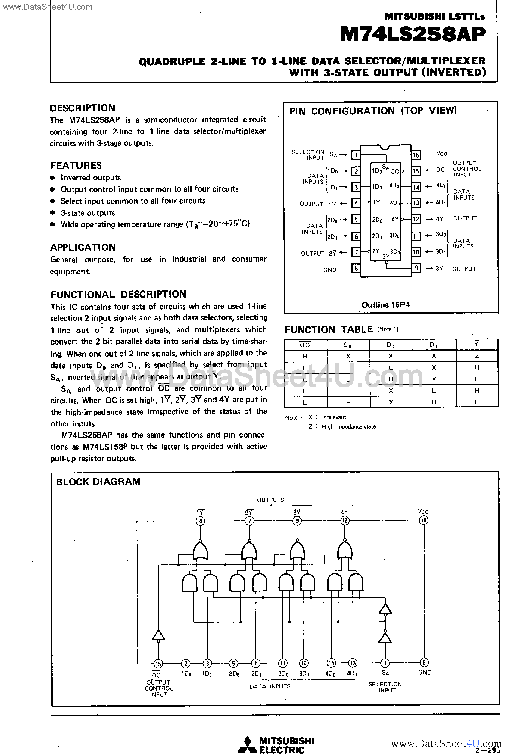 Datasheet M74LS258AP - Quadruple 2-Line to 1-Line Data Selector / Multiplexer page 1
