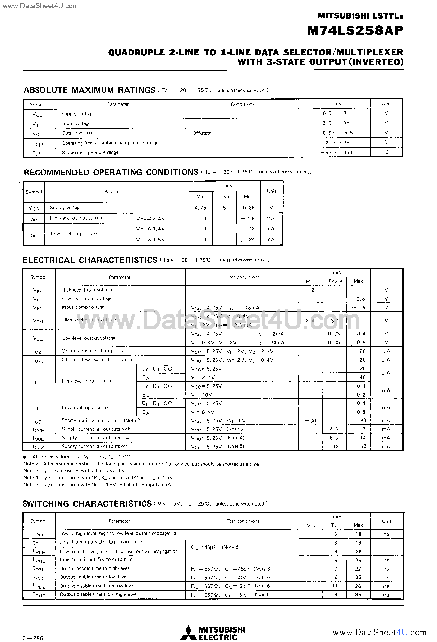 Datasheet M74LS258AP - Quadruple 2-Line to 1-Line Data Selector / Multiplexer page 2