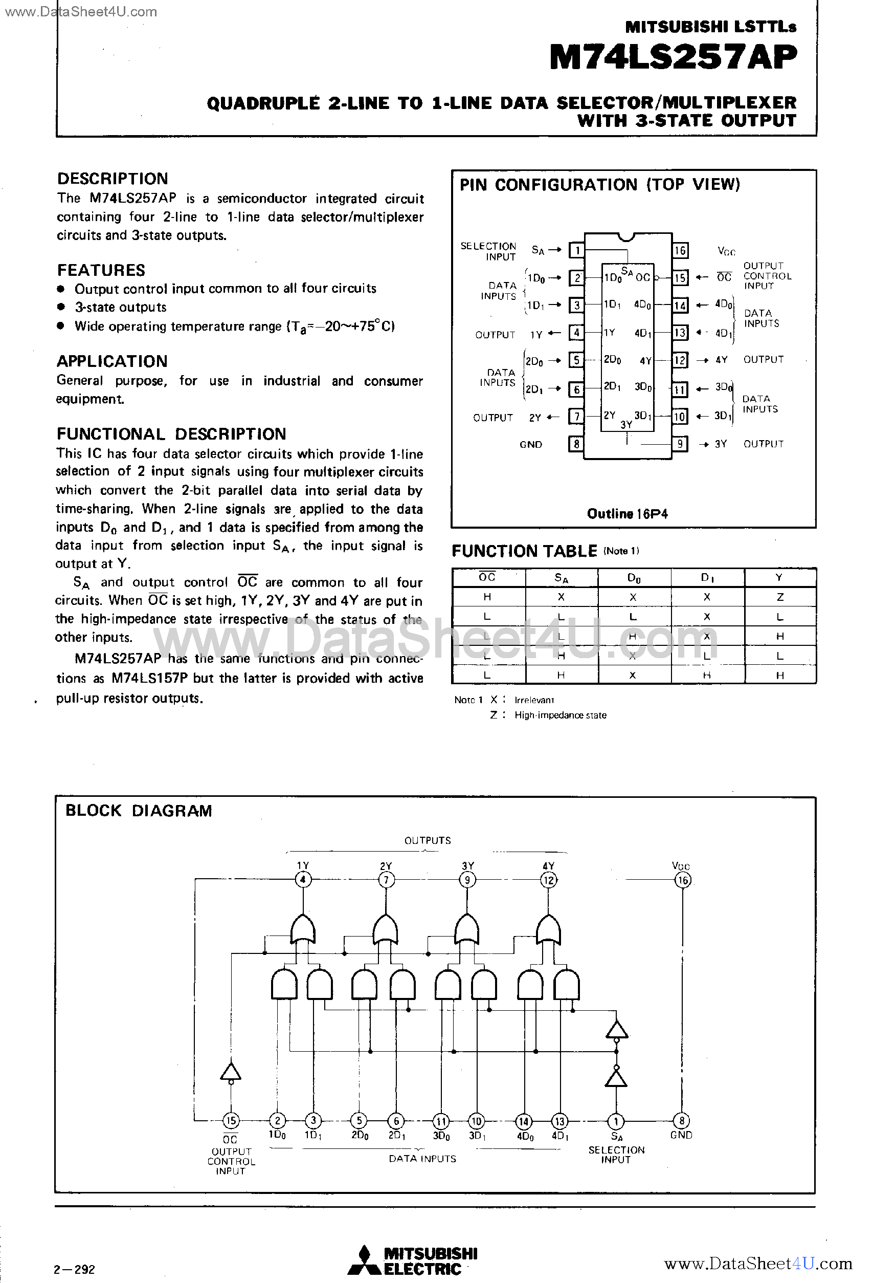 Datasheet M74LS257AP - Quadruple 2-Line to 1-Line Data Selector / Multiplexer page 1