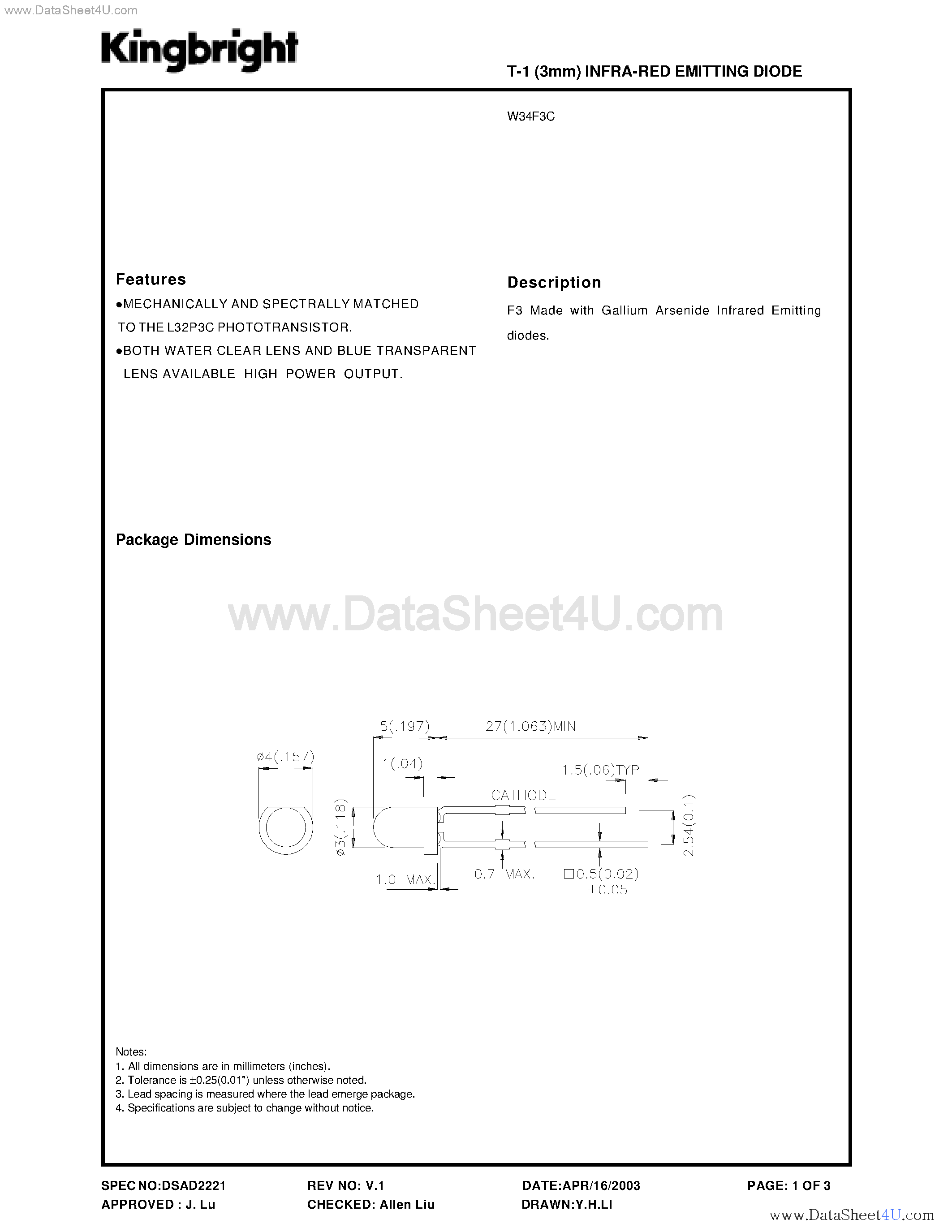 Datasheet W34F3C - T-1 (3mm) INFRA-RED EMITTING DIODE page 1