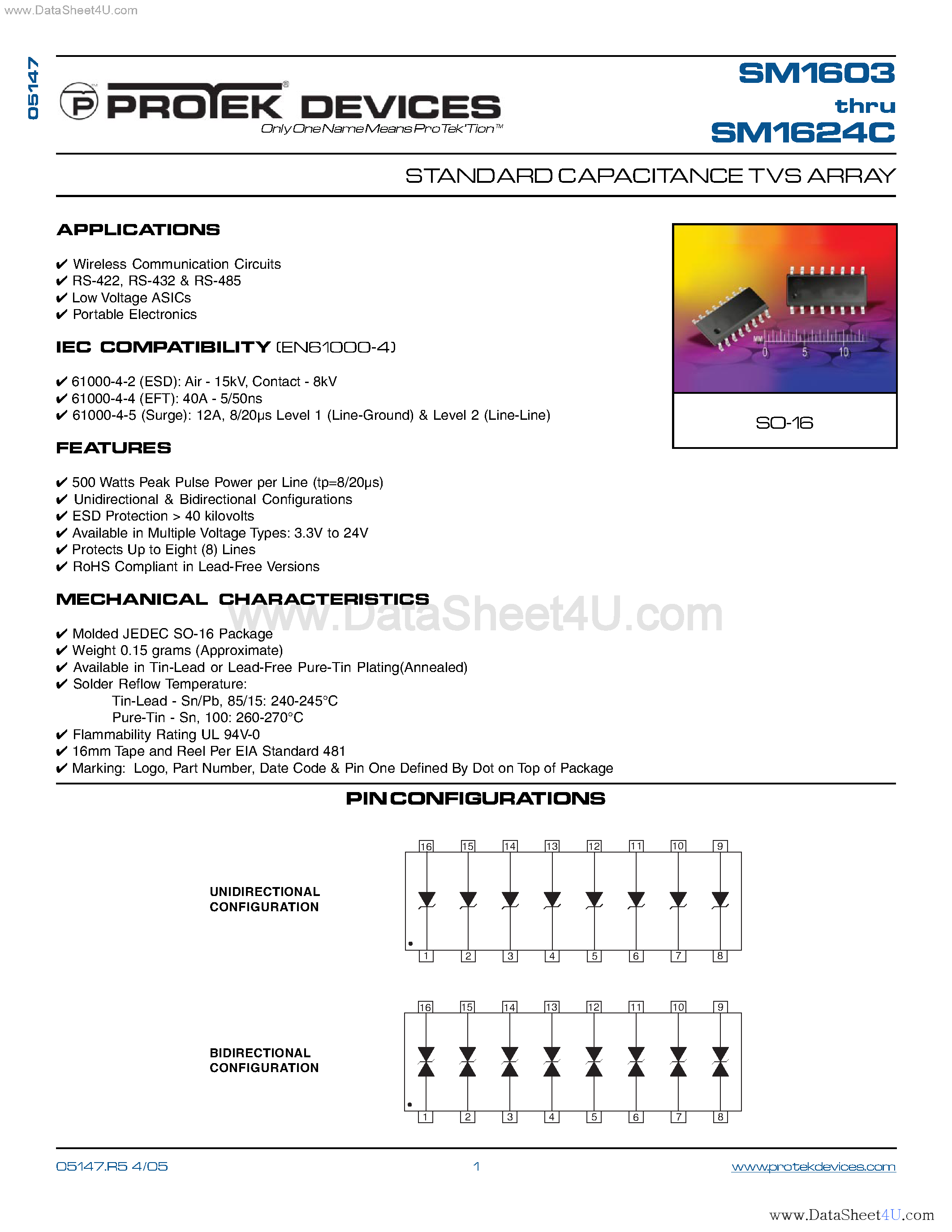 Даташит SM1603 - (SM1603 - SM1624) STANDARD CAPACITANCE TVS ARRAY страница 1