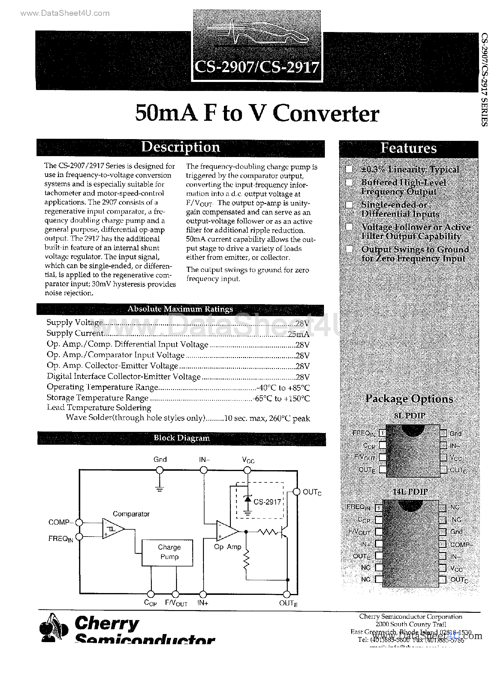 Datasheet CS2907 - (CS2907 / CS2917) 50mA F to V Converter page 1