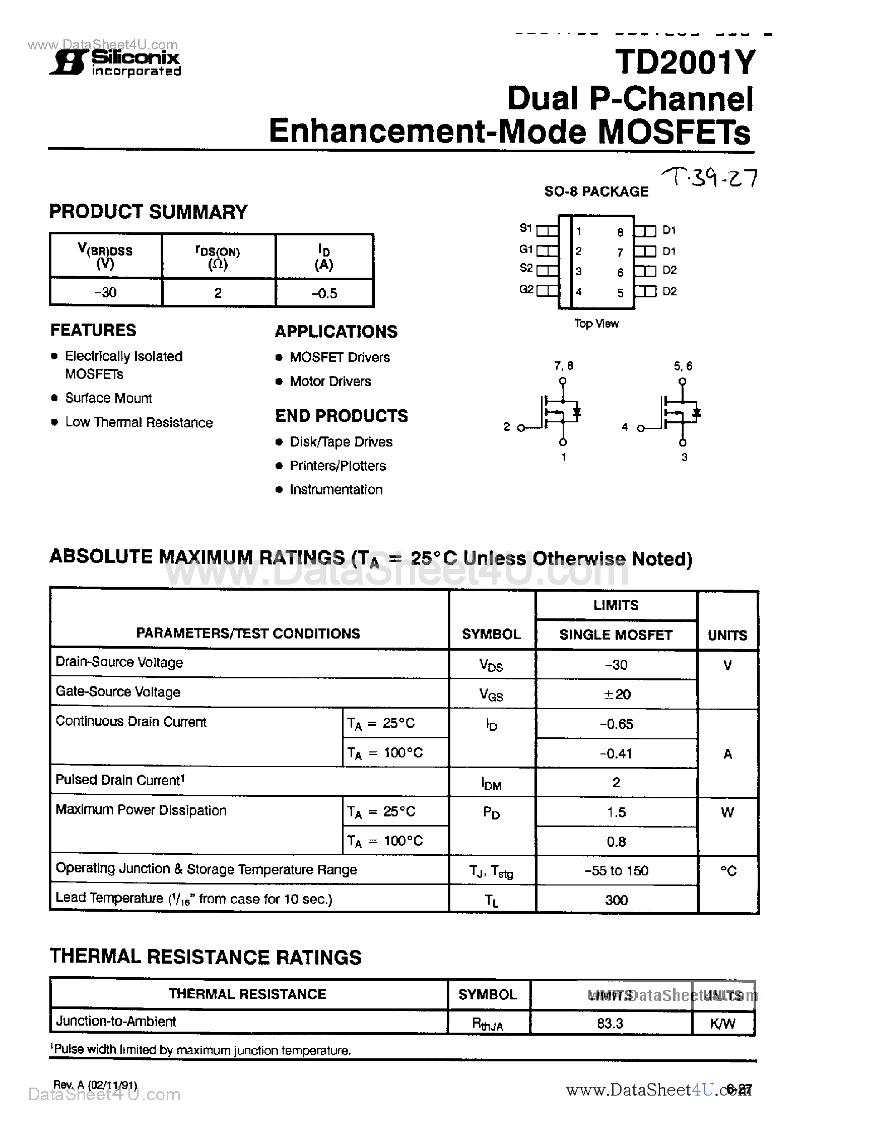 Datasheet TD2001Y - Dual P-Channel Enhancement Mode MOSFETs page 1