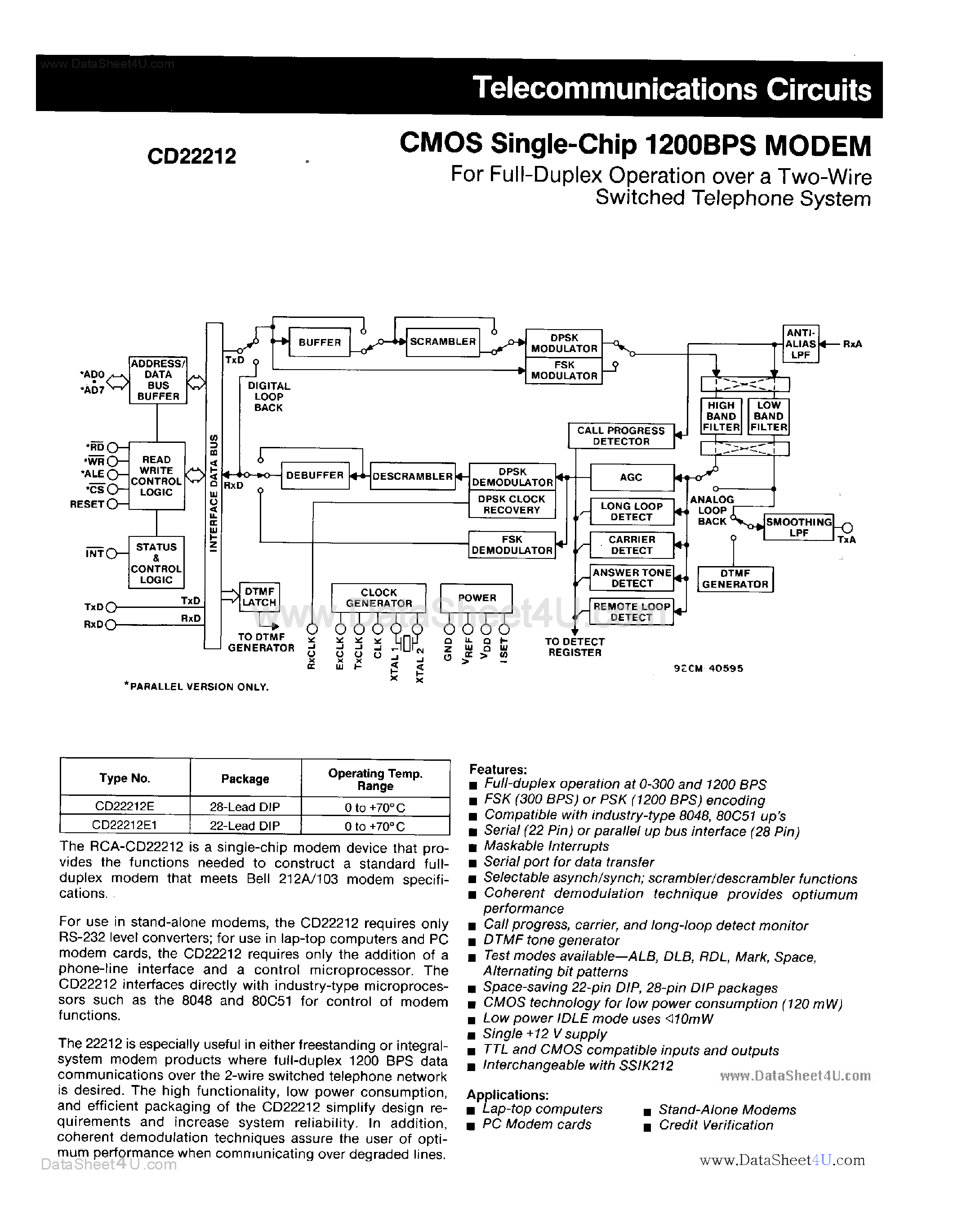Datasheet CD22212 - CMOS Single Chip 1200BPS MODEM page 1
