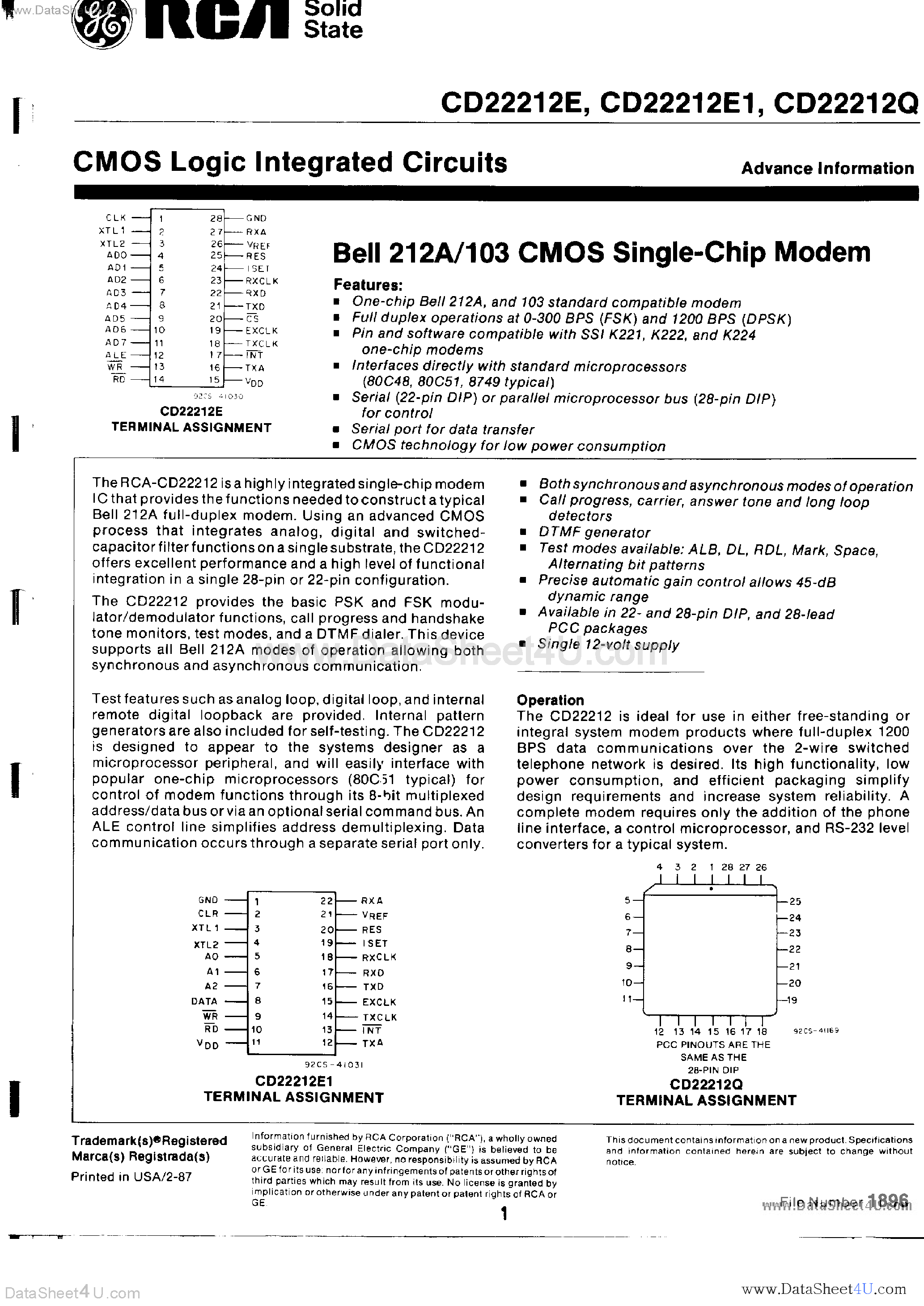 Даташит CD22212E - (CD22212xx) CMOS Logic Integrated Circuits страница 1
