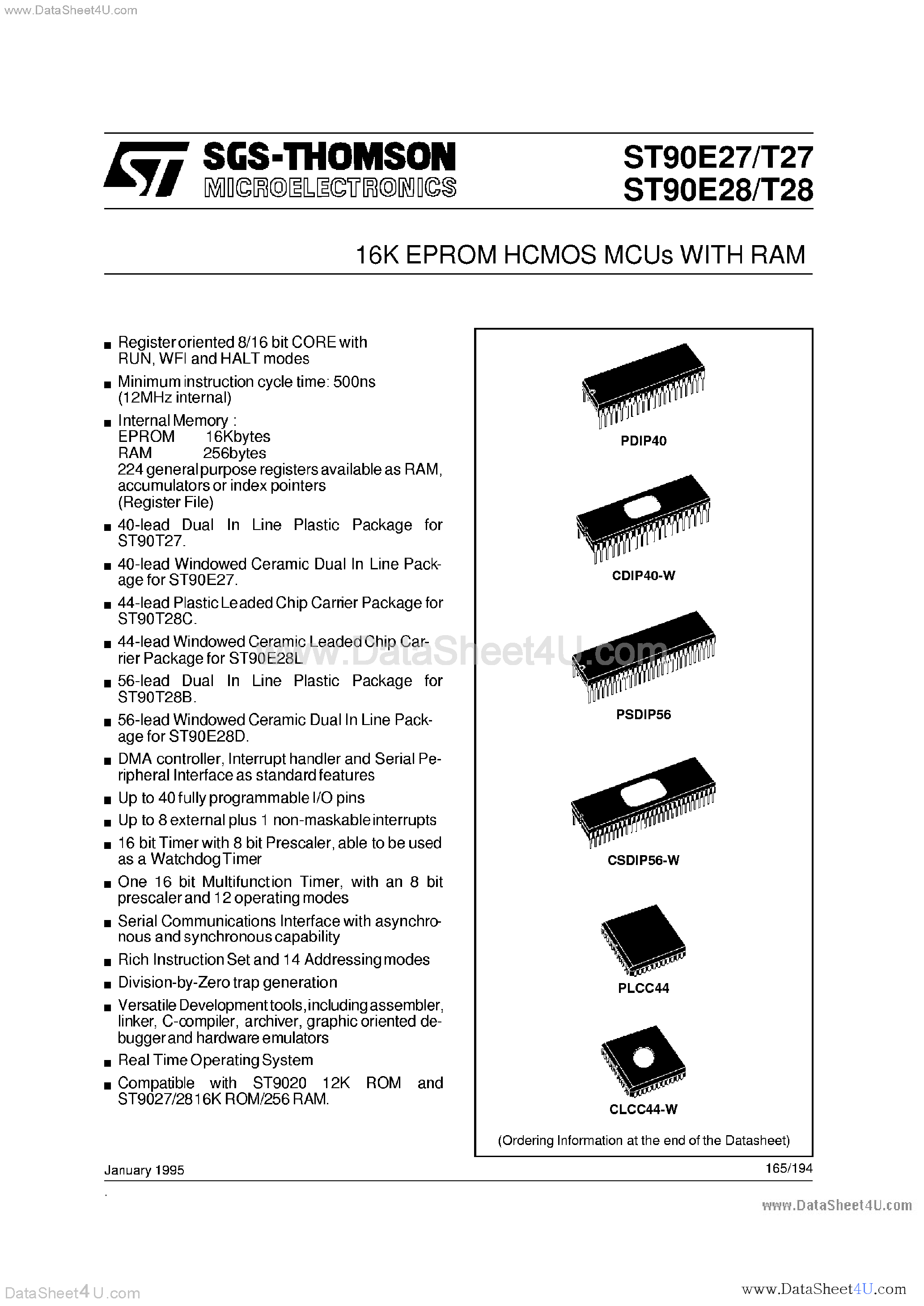 Даташит ST90E27 - (ST90x27 / ST90x28) 16K EPROM HCMOS MCUS WITH RAM страница 1