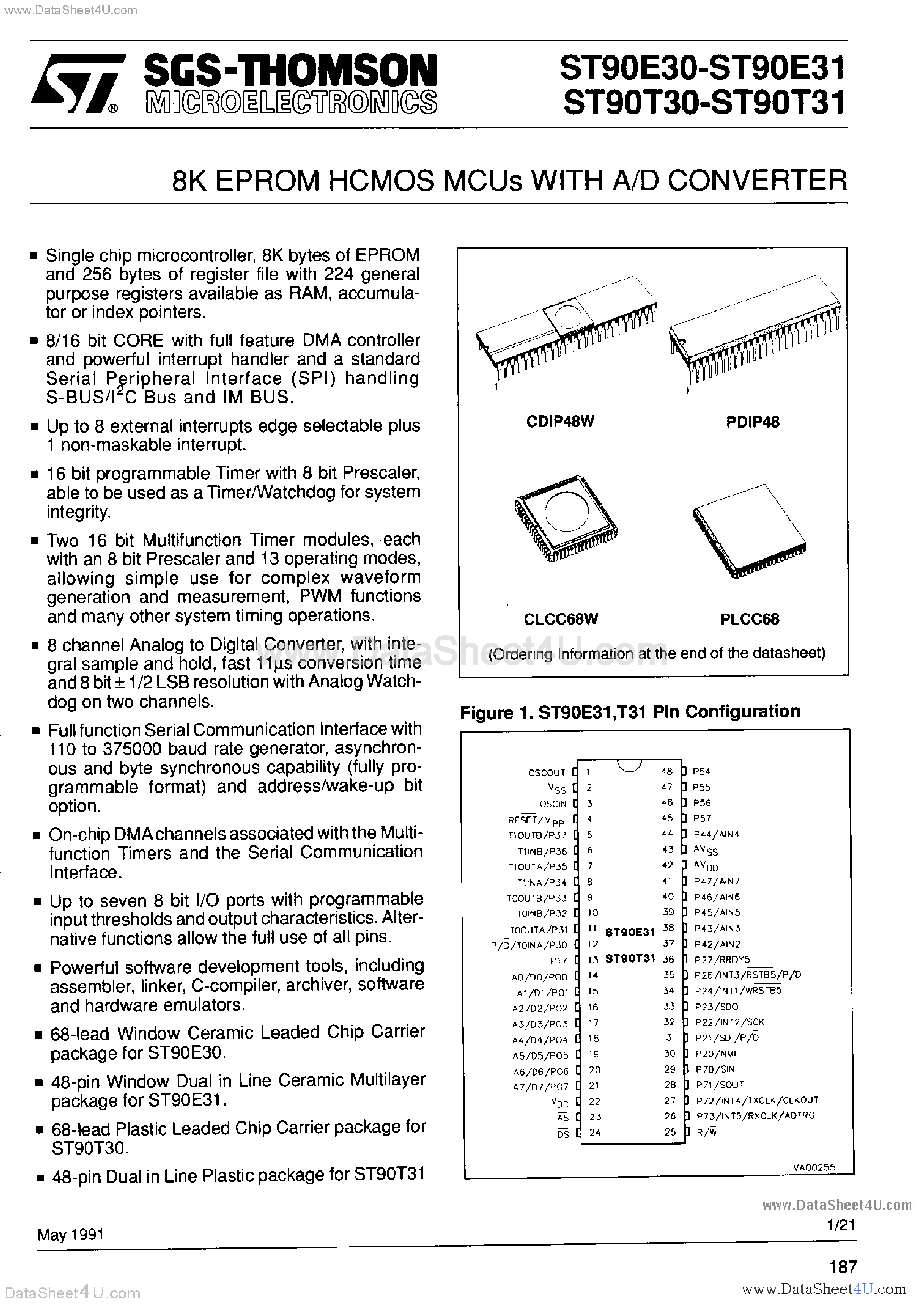 Datasheet ST90E30 - (ST90x30 / ST90x31) 9K EPROM HCMOS MCUs WOTH A/D COMVERTER page 1