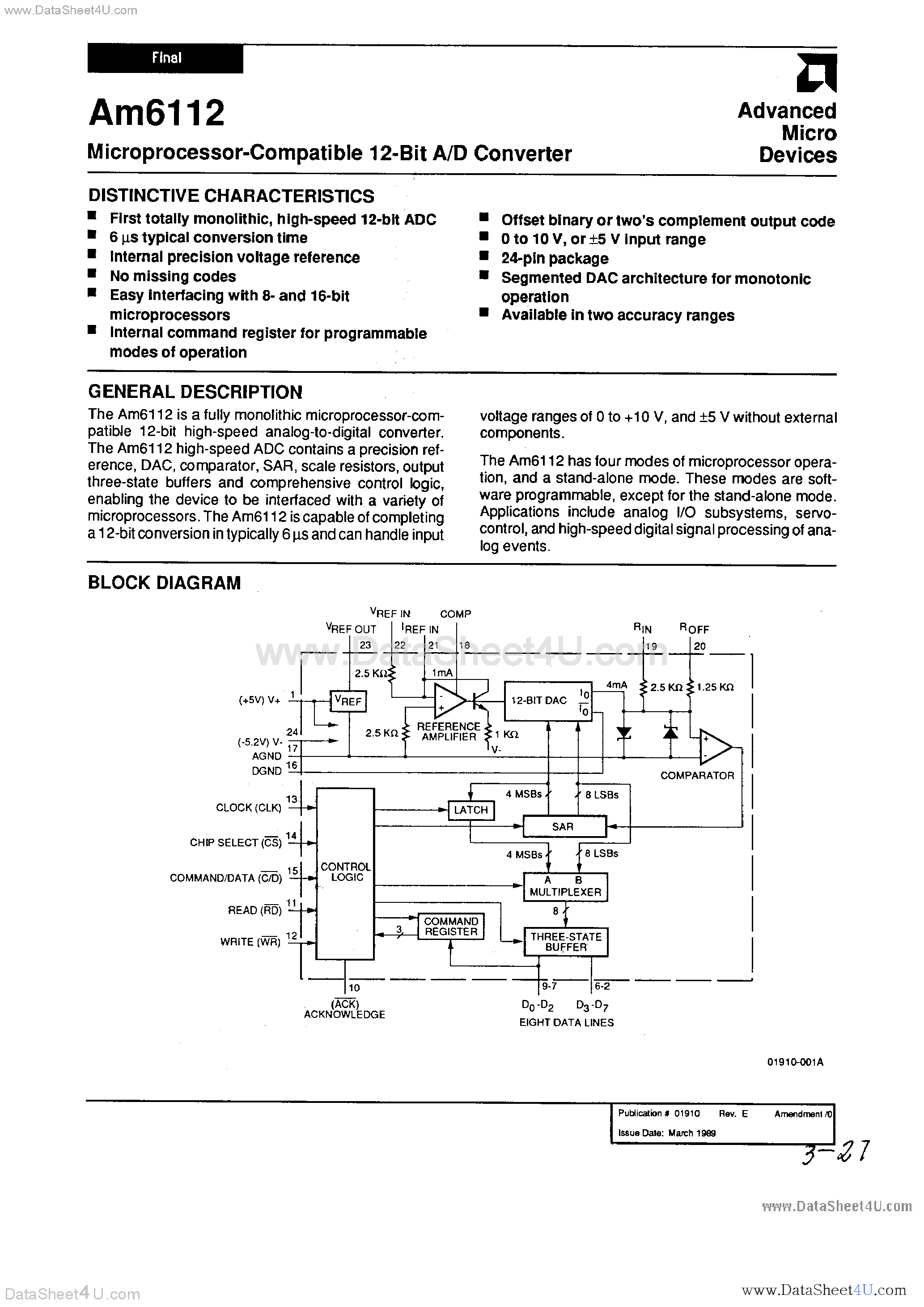 Datasheet AM6112 - Microprocessor Compatible 12-Bit A/D Converter page 1