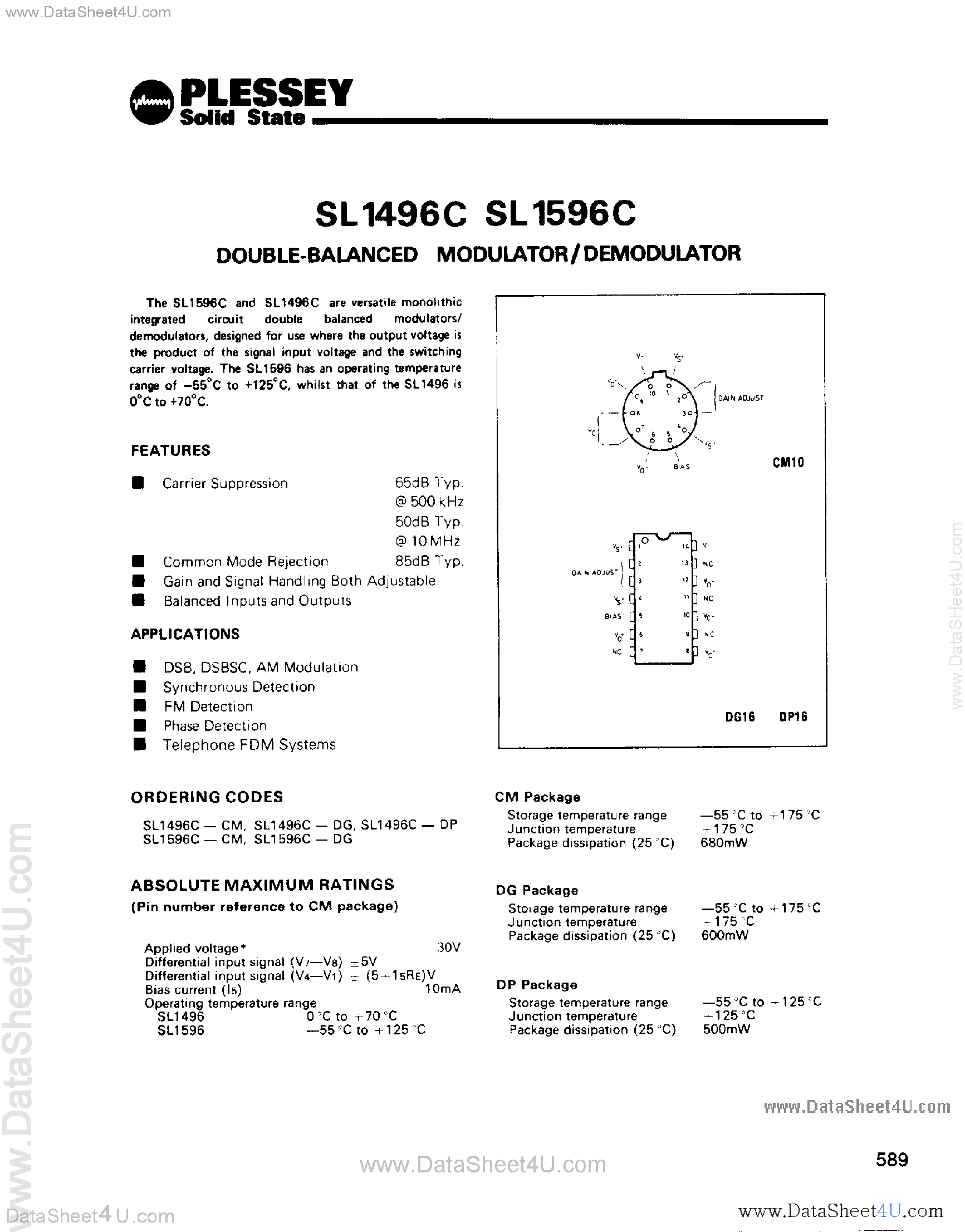 Datasheet SL1496C - (SL1496C / SL1596C) Double Balanced Modulator / Demodulator page 1