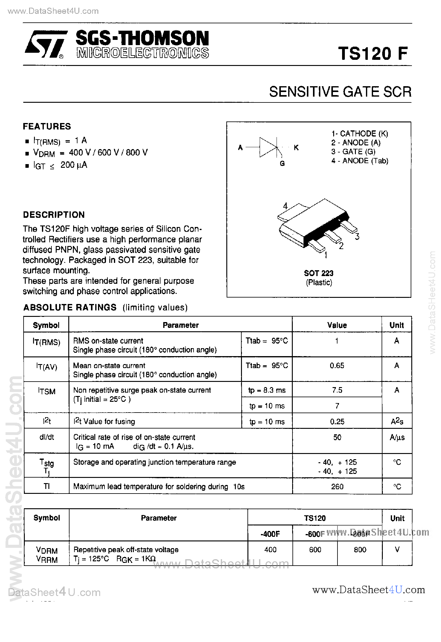 Datasheet TS120-400F - (TS120F) Sensitive Gate SCR page 1