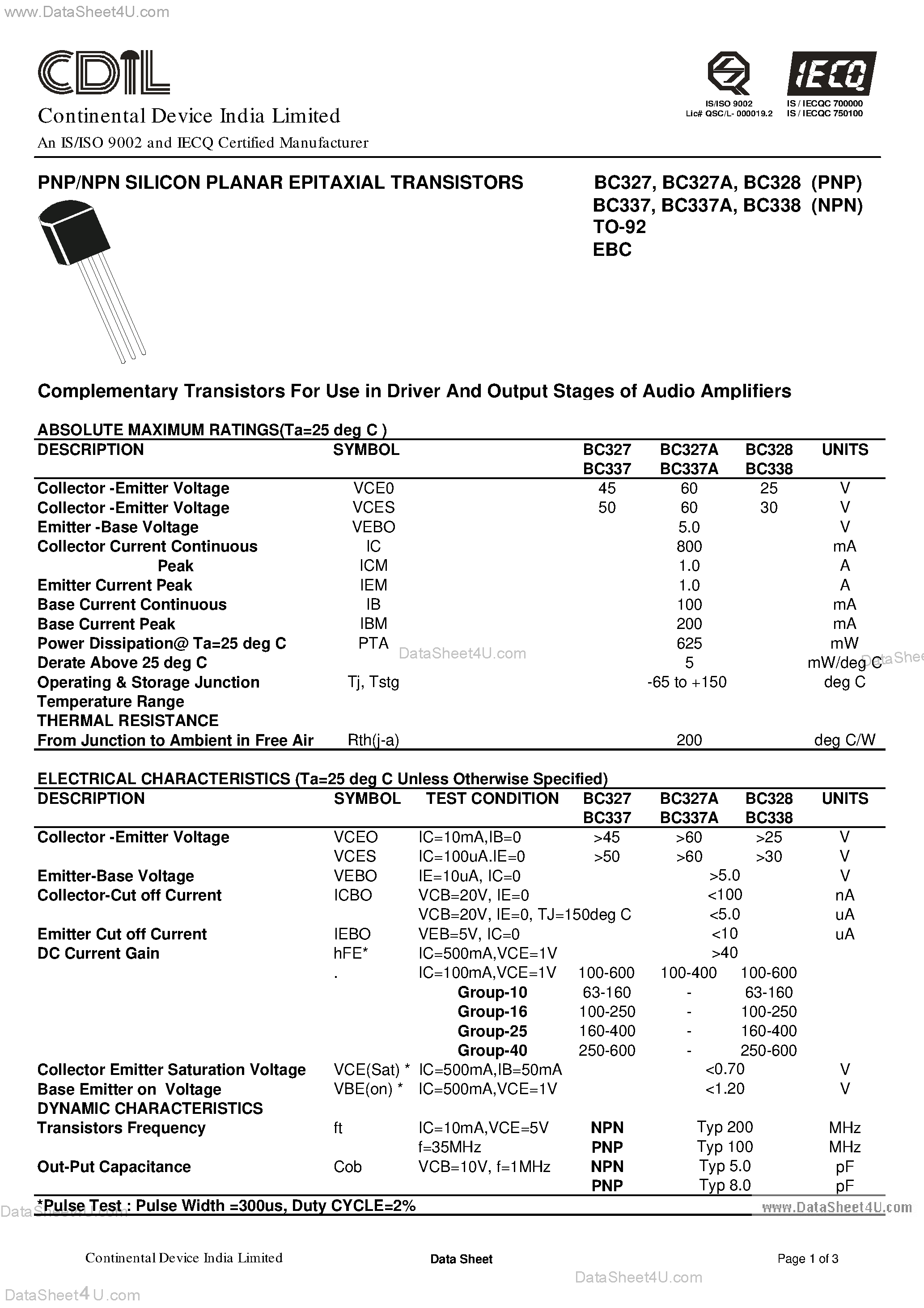 Даташит BC327 - (BC327 / BC338) PNP/NPN Silicon Planar Epitaxial Transistors страница 1