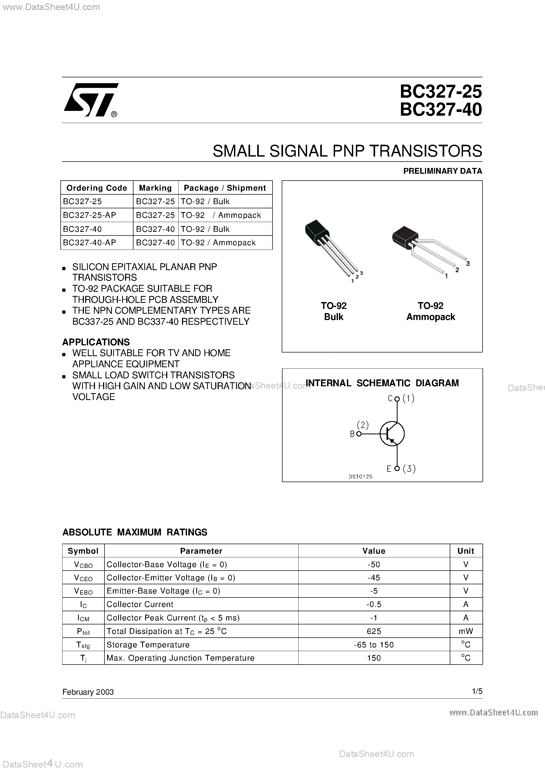Datasheet BC327-25 - (BC327-25-40) Small Signal PNP Transistors page 1