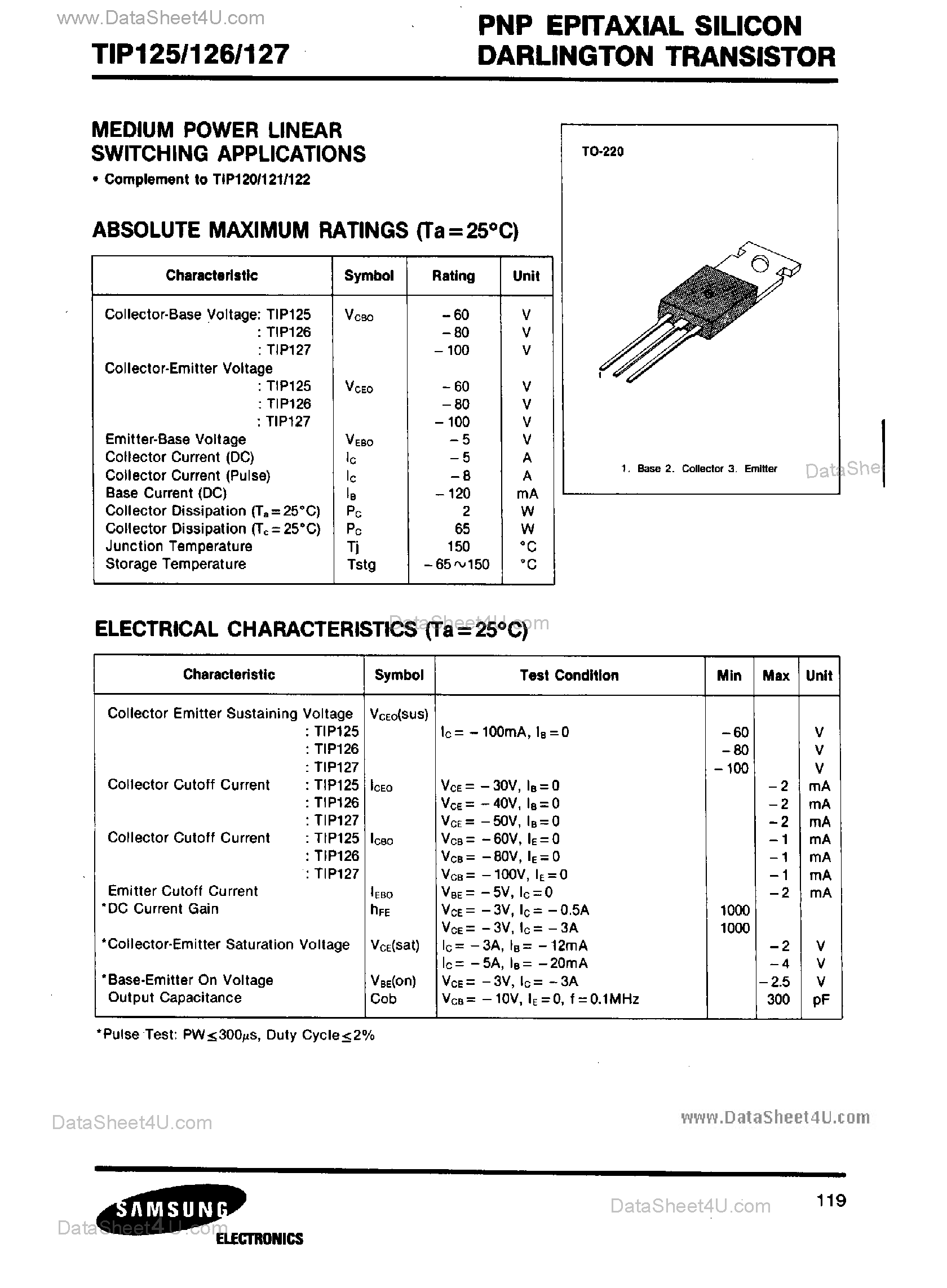 Даташит TIP125 - (TIP125 - TIP127) Medium Power Linear Switching Applications страница 1