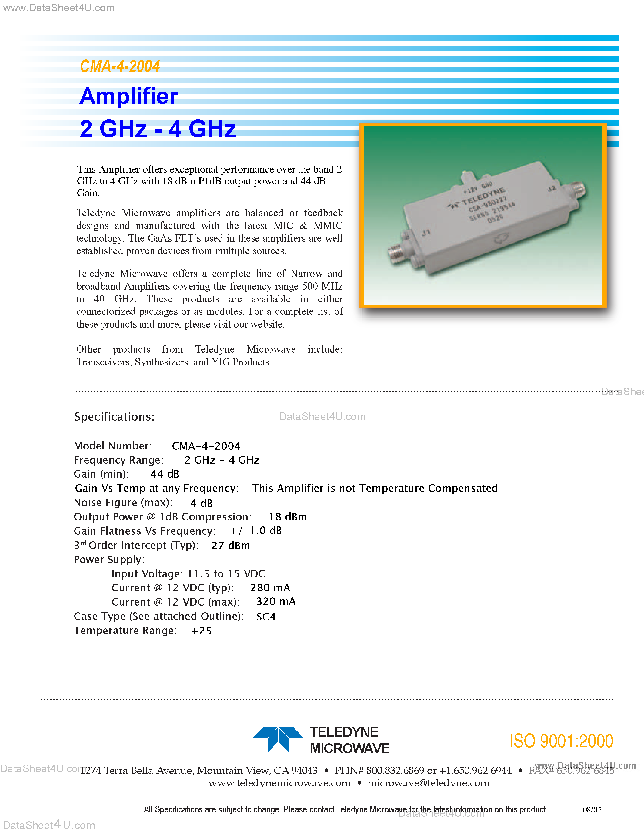 Даташит CMA-4-2004 - Amplifier 2 GHz - 4 GHz страница 1