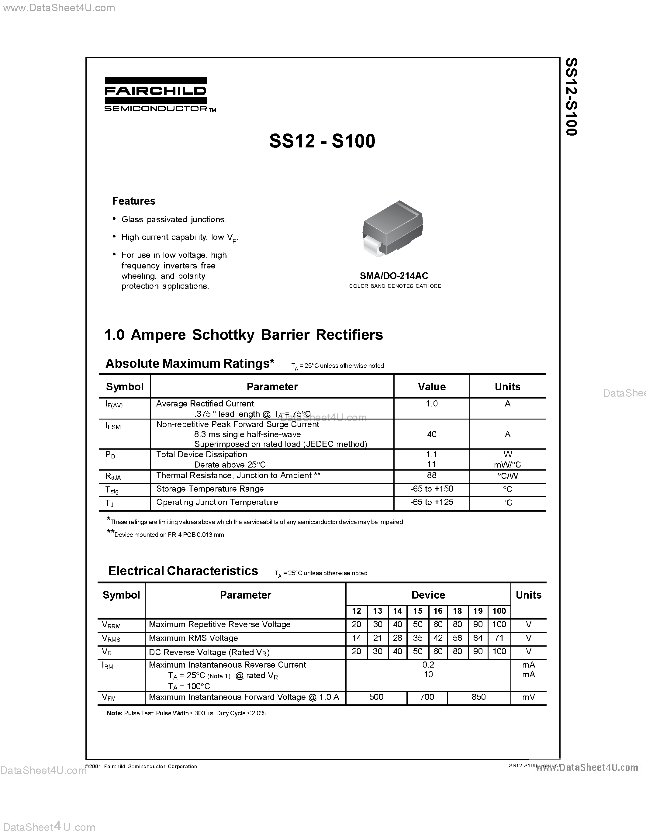 Datasheet SS100 - (SS12 - SS100) 1.0 Ampere Schottky Barrier Rectifiers page 1