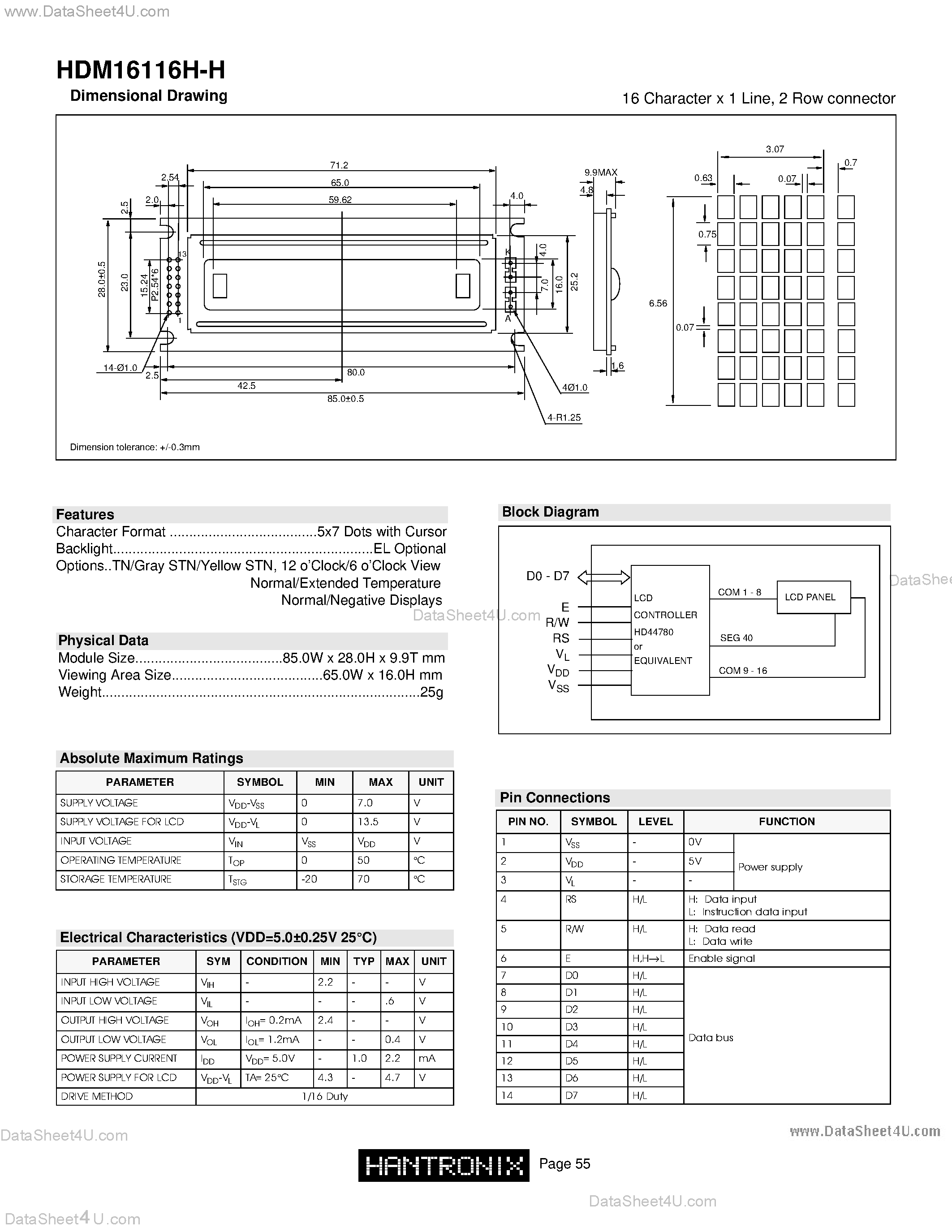 Datasheet HDM16116H-H - LCD DOT MATRIX CHARACTER page 1