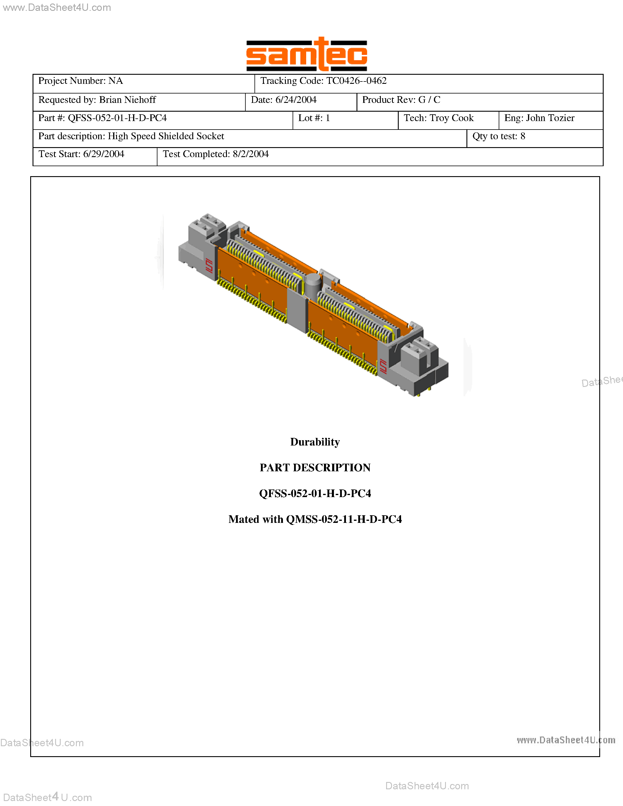Datasheet QFSS-052-01-H-D-A-PC4 - High Speed Shielded Socket page 1