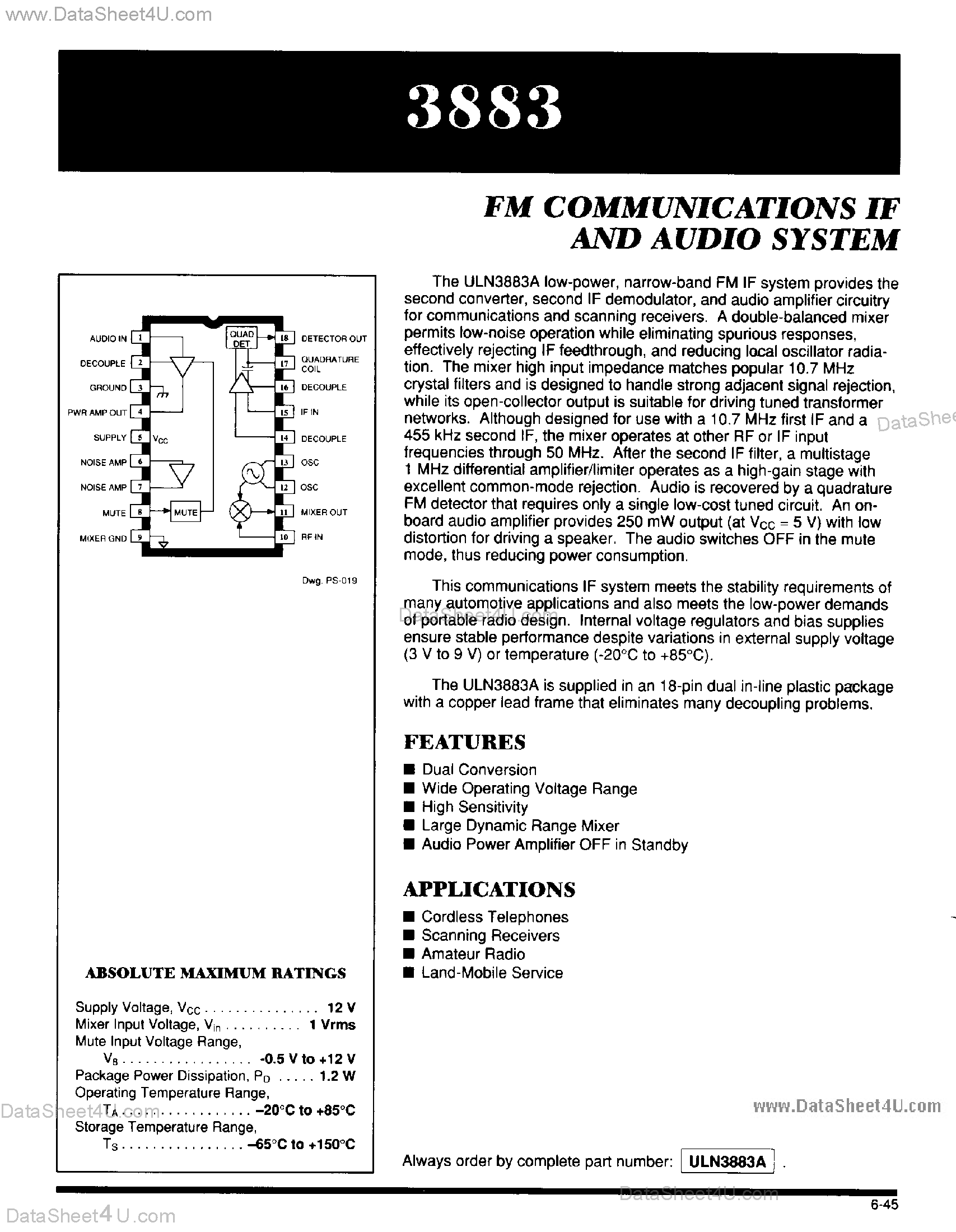 Datasheet ULN3883 - FM Communications IF and Audio System page 1