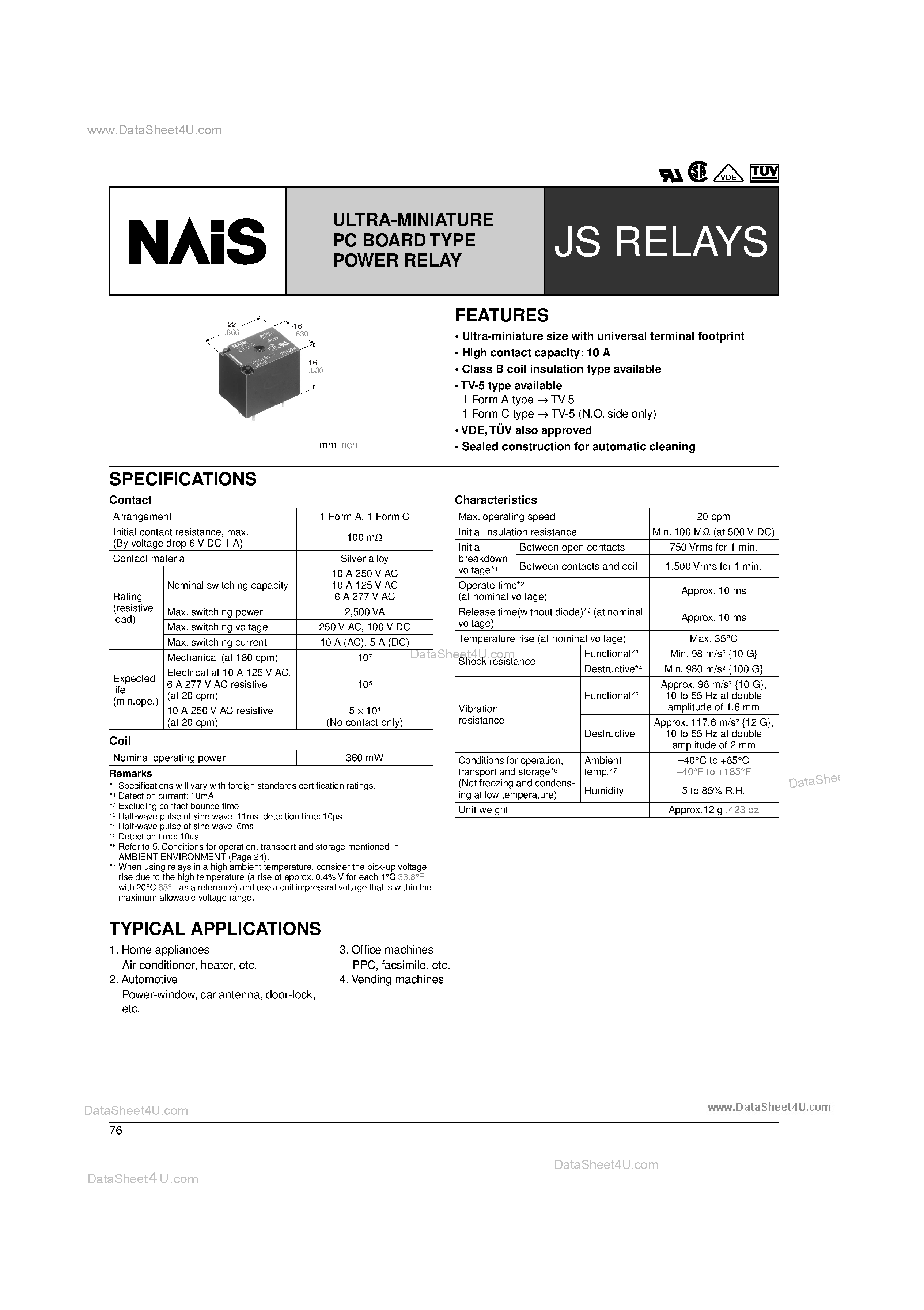Даташит JS1-18V - (JS Relays) ULTRA-MINIATURE PC BOARD TYPE POWER RELAY страница 1