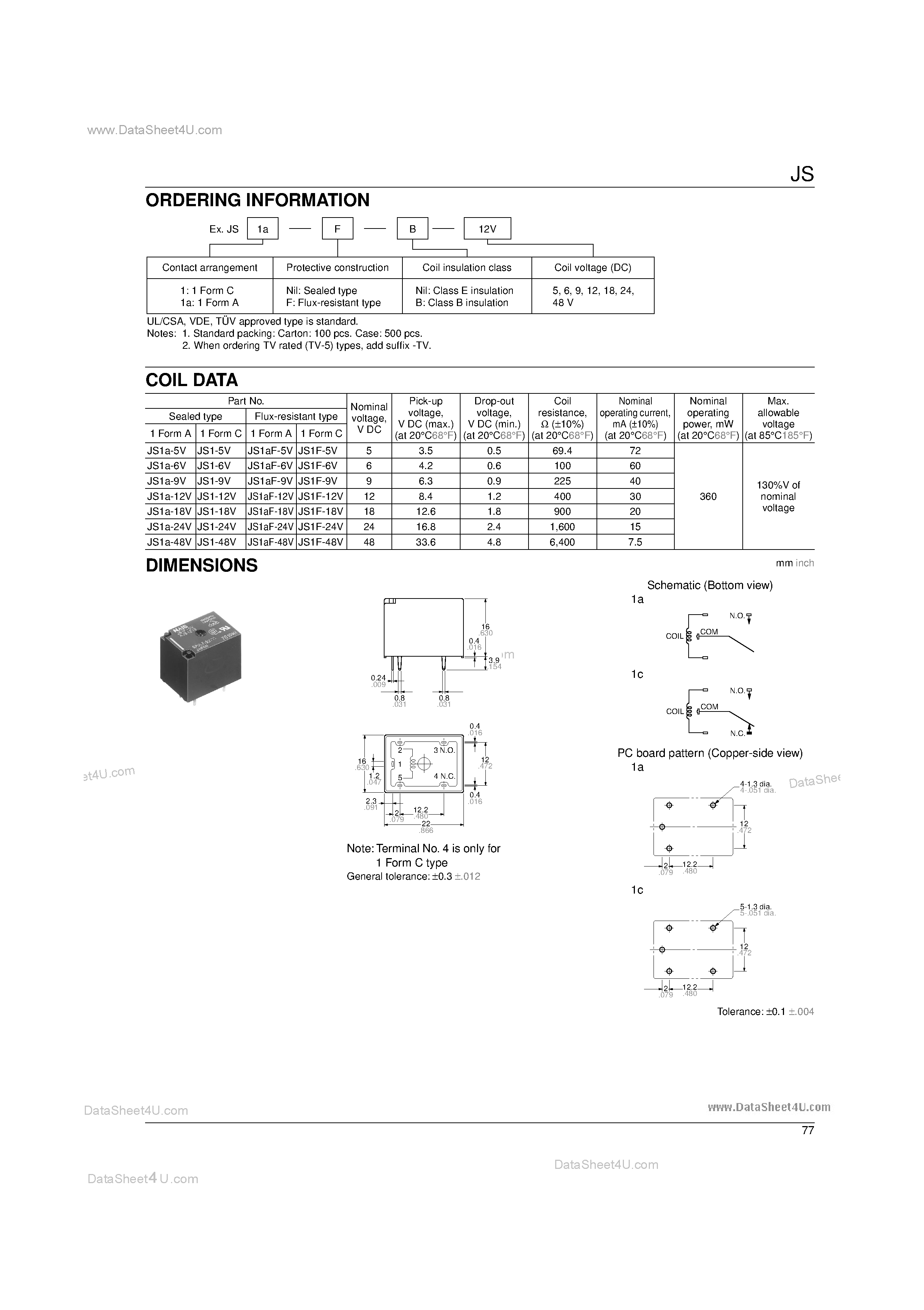 Даташит JS1-18V - (JS Relays) ULTRA-MINIATURE PC BOARD TYPE POWER RELAY страница 2