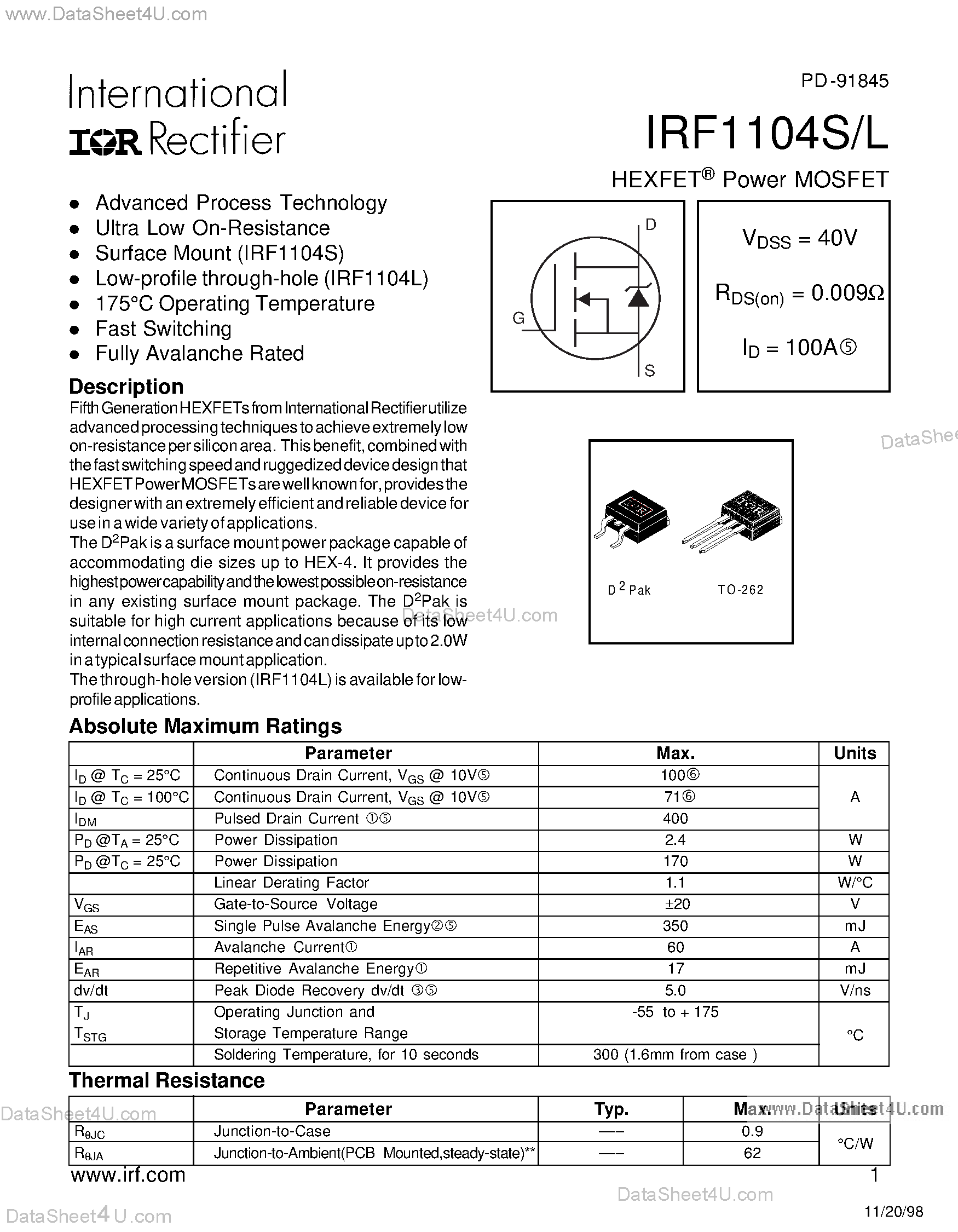 Datasheet IRF1104L - (IRF1104L/S) HEXFET Power MOSFET page 1