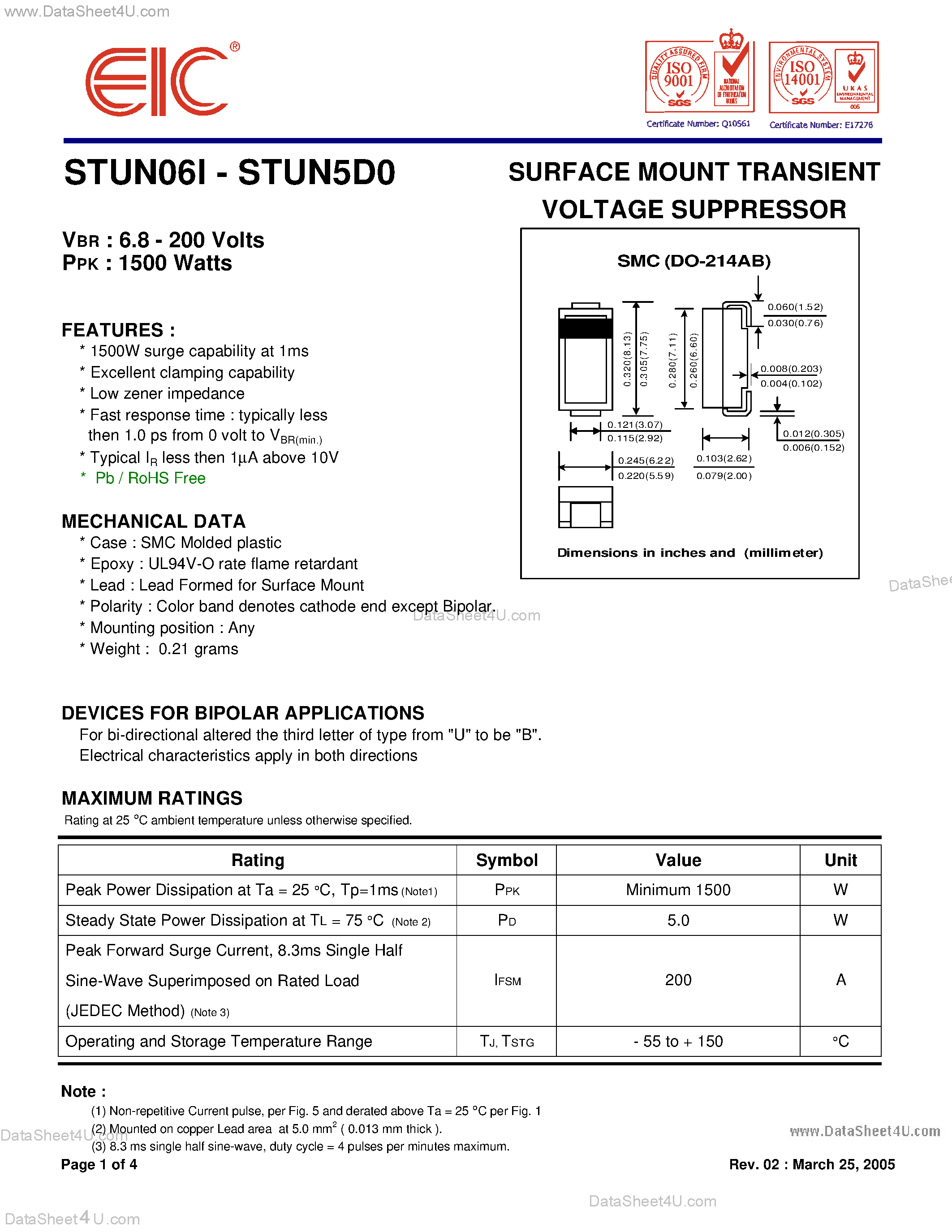 Даташит STUN061 - (STUN061 - STUN5D0) SURFACE MOUNT TRANSIENT VOLTAGE SUPPRESSOR страница 1