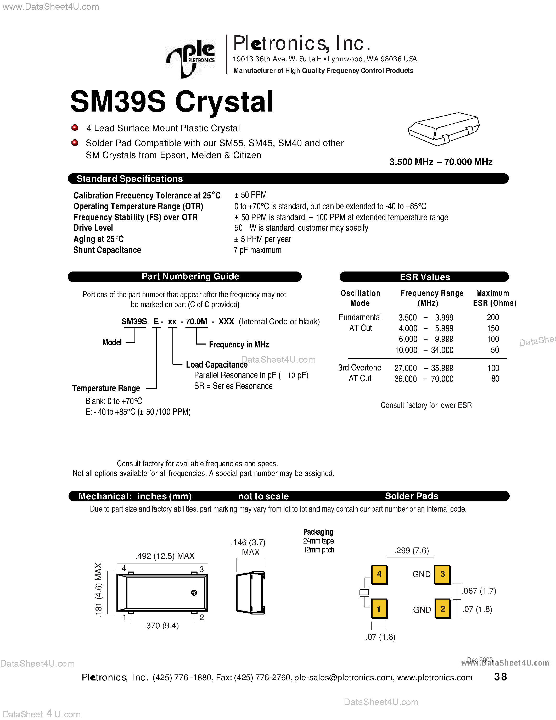Даташит SM39S - 4 Lead Surface Mount Plastic Crystal страница 1