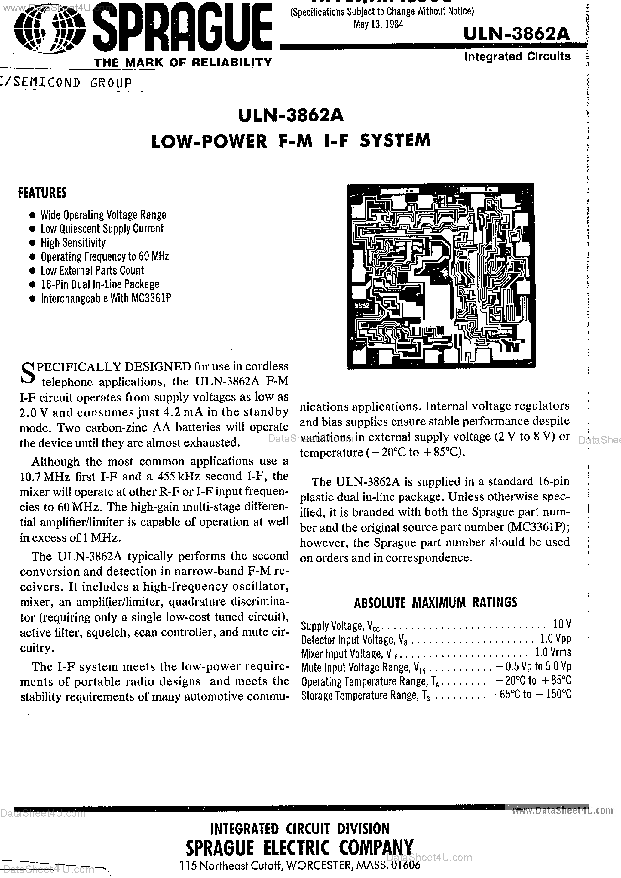 Даташит ULN-3862A - Low Power FM IF System страница 1