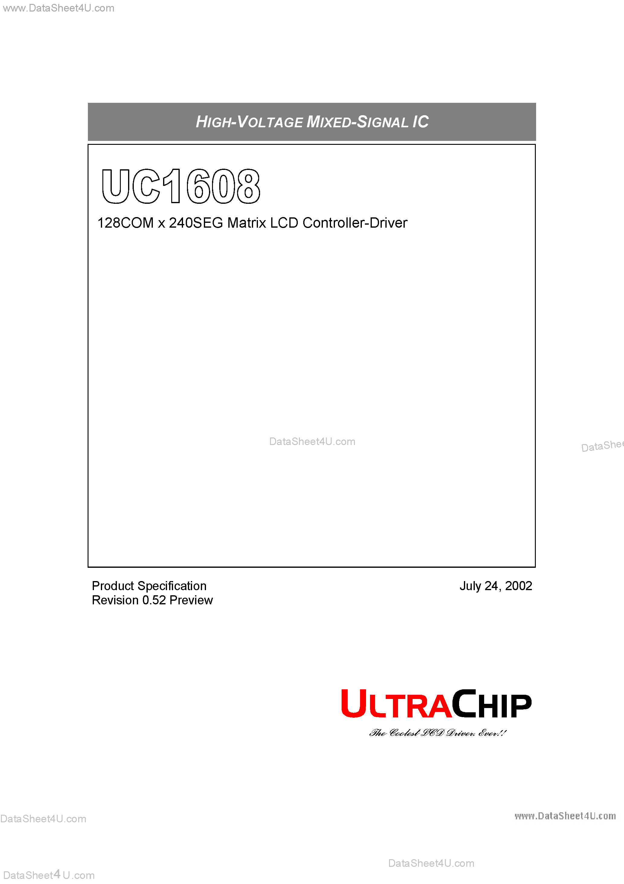 Datasheet UC1608 - 128COM x 240SEG Matrix LCD Controller-Driver page 1