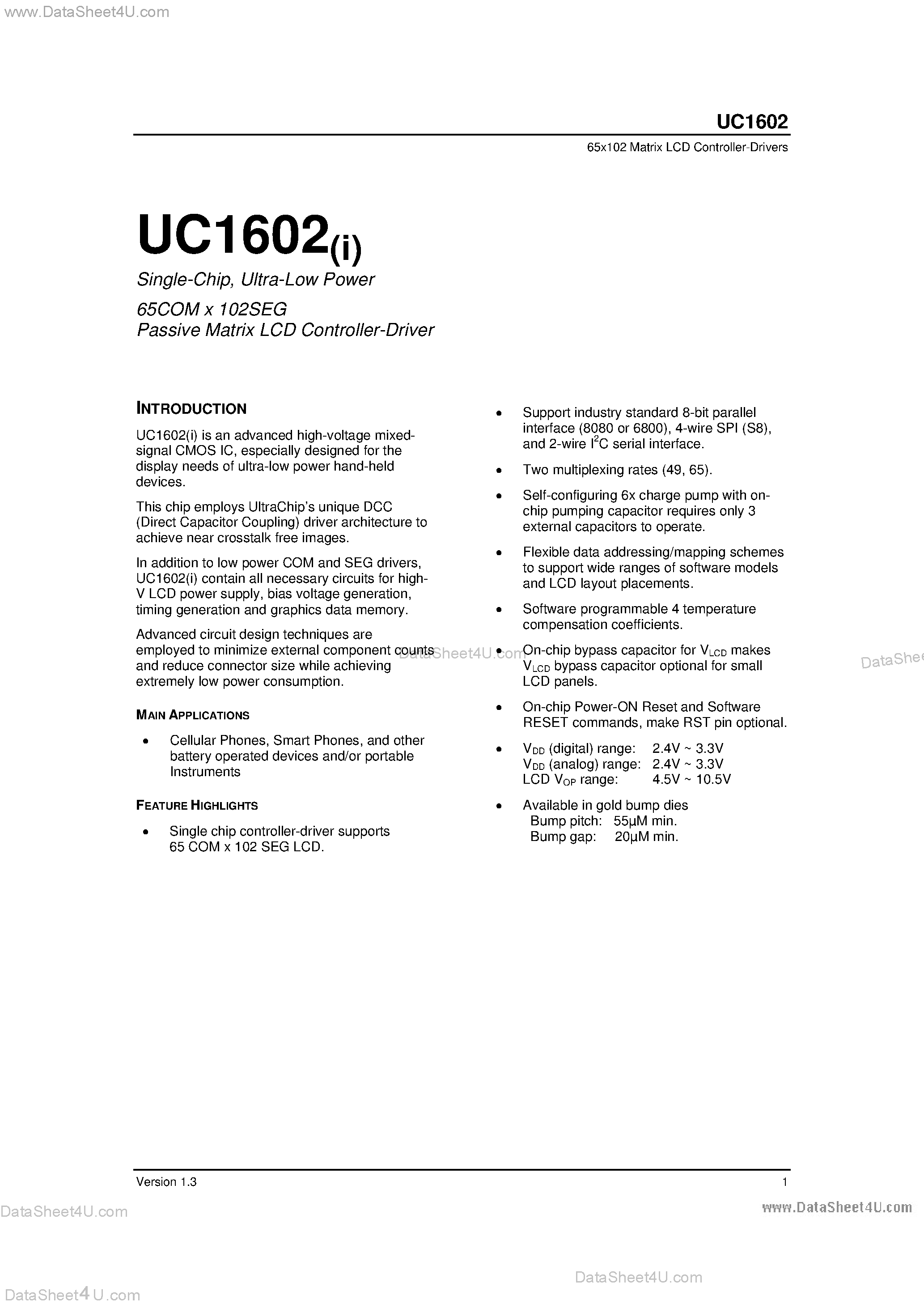 Datasheet UC1602 - 65COM x 102SEG Passive Matrix LCD Controller-Driver page 1