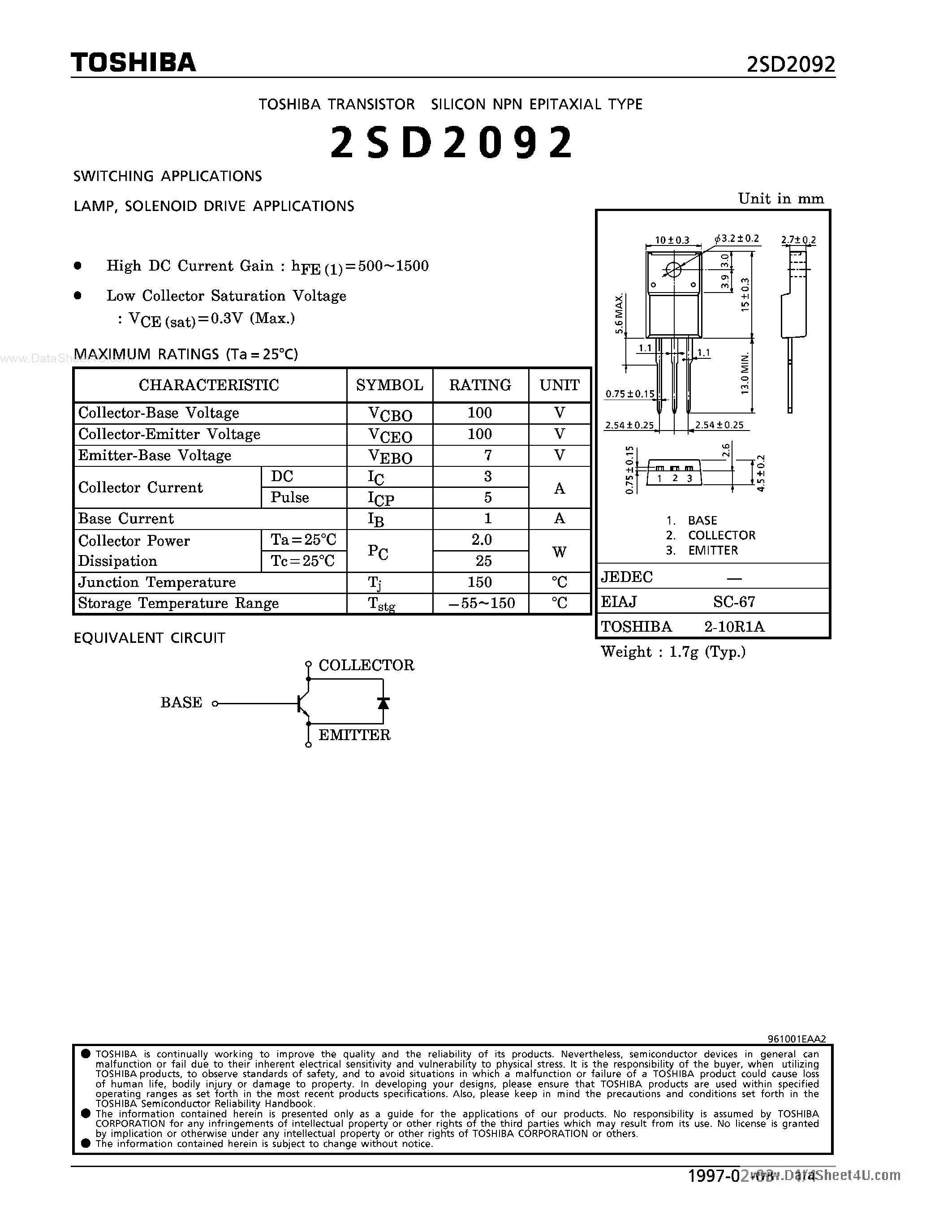 Datasheet D2092 - Search -----> 2SD2092 / KTD2092 page 1