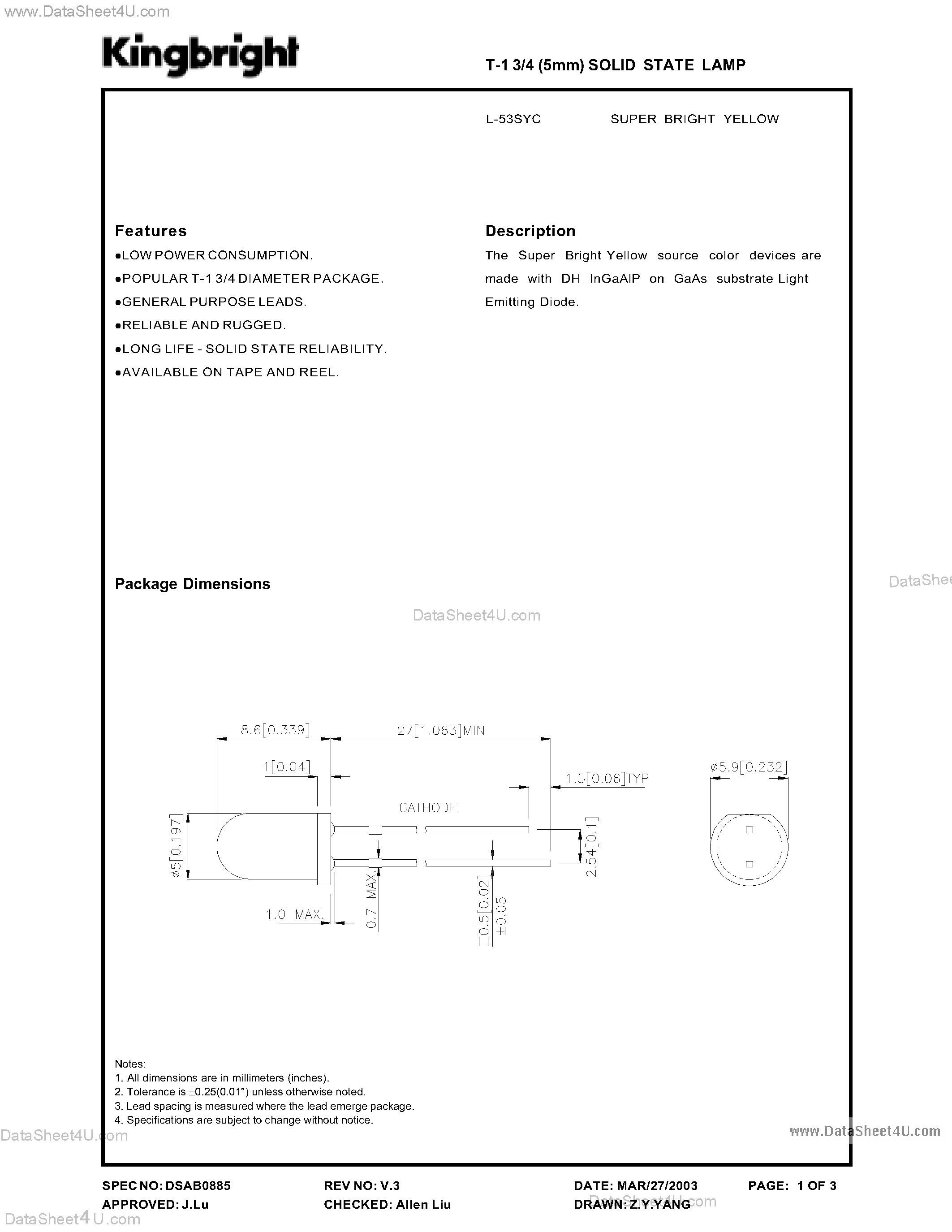 Datasheet L-53SYC - T-1 3/4 (5mm) SOLID STATE LAMP page 1