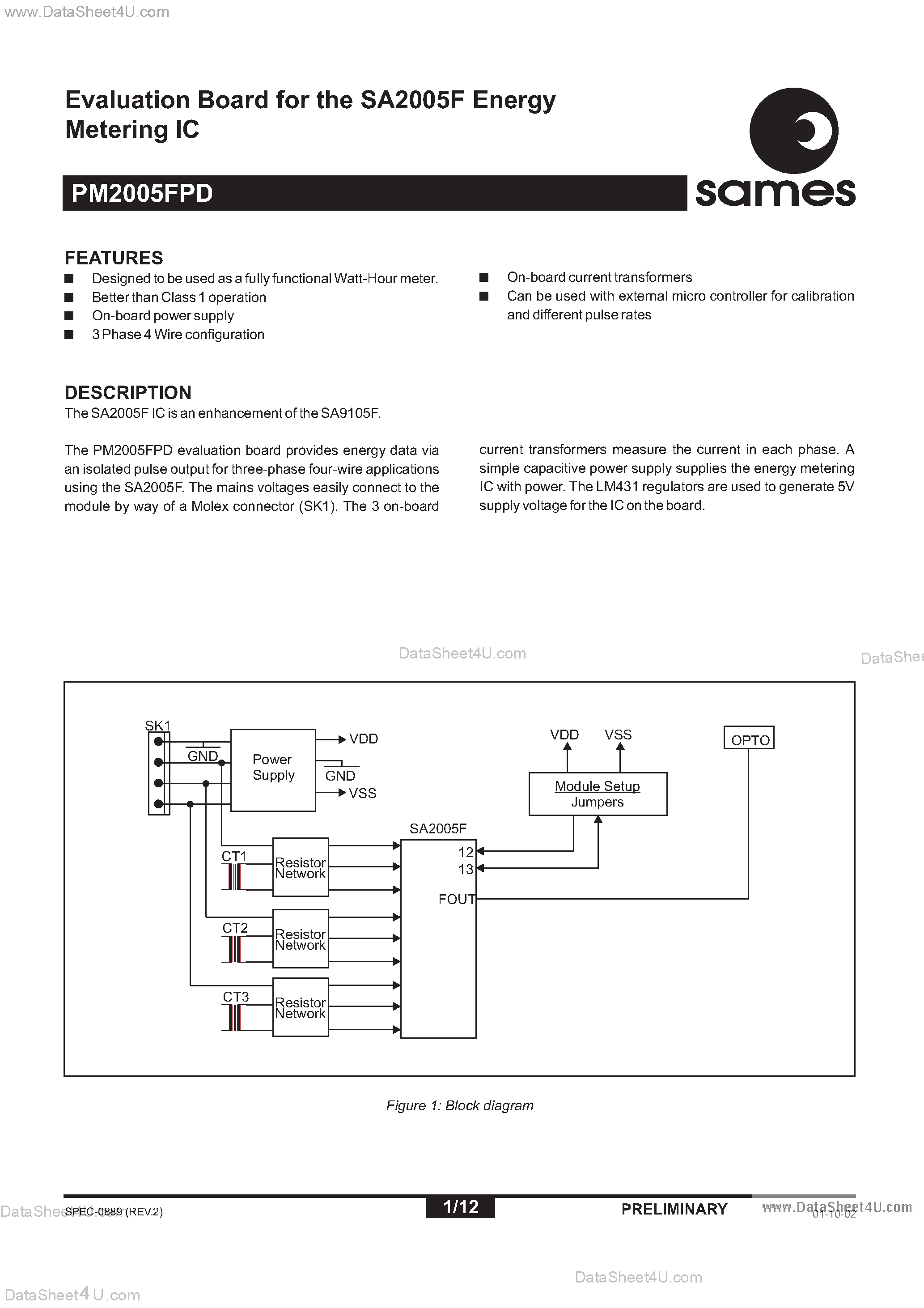 Datasheet PM2005FPD - Evaluation Module For The SA2005FPA Metering IC page 1