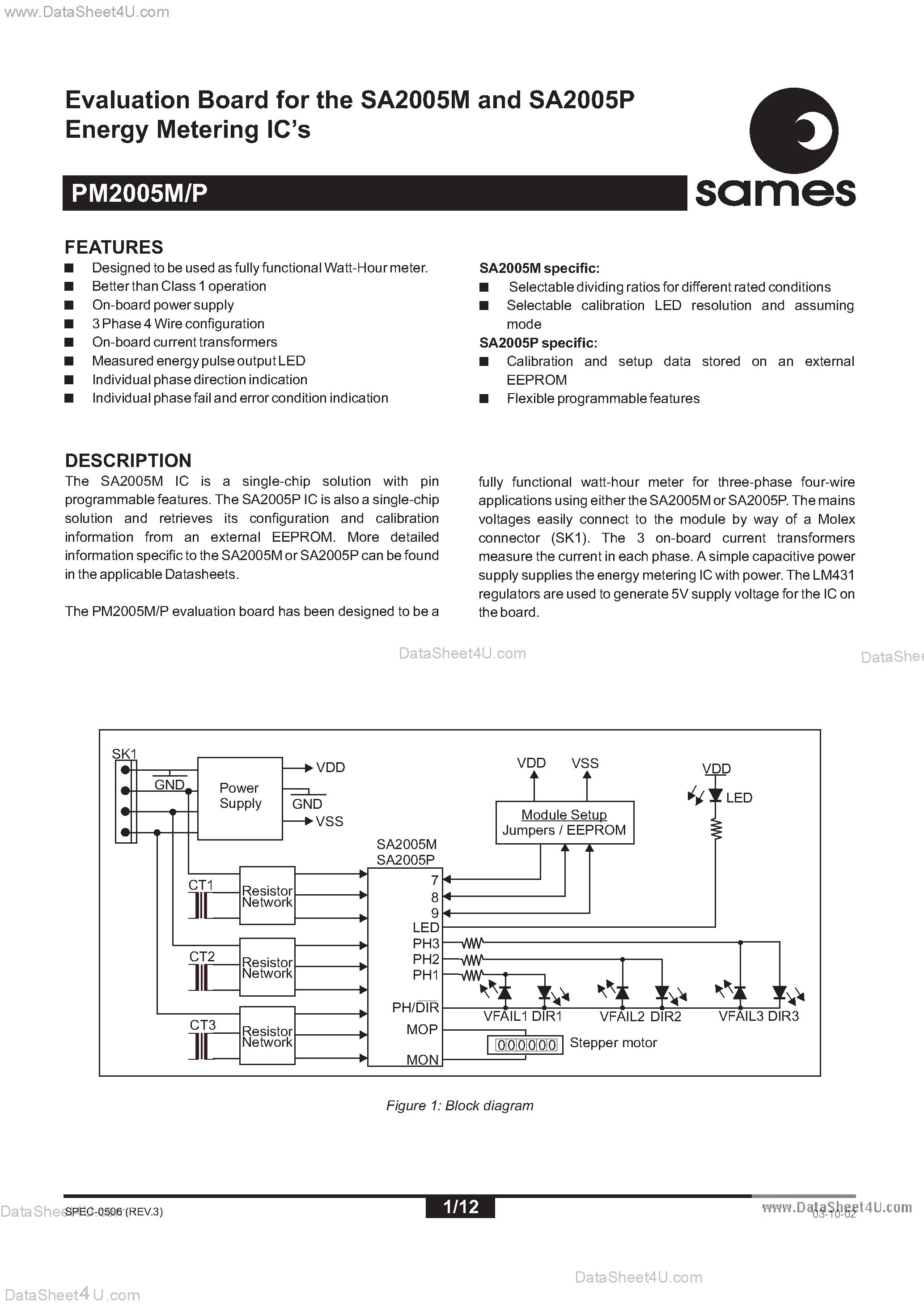 Datasheet PM2005M - Evaluation Board For The SA2005M And SA2005P Energy Metering Ic page 1