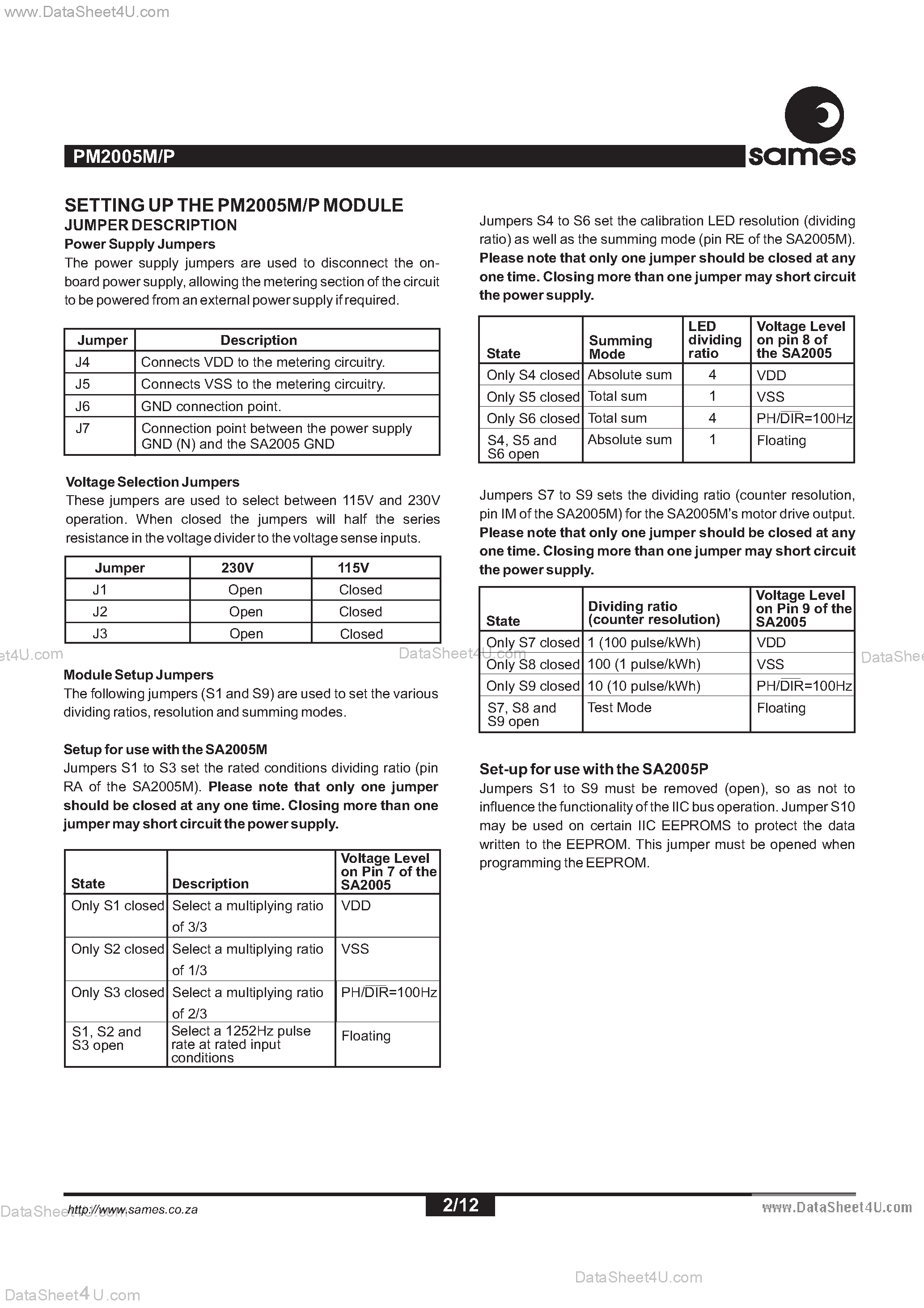Datasheet PM2005M - Evaluation Board For The SA2005M And SA2005P Energy Metering Ic page 2