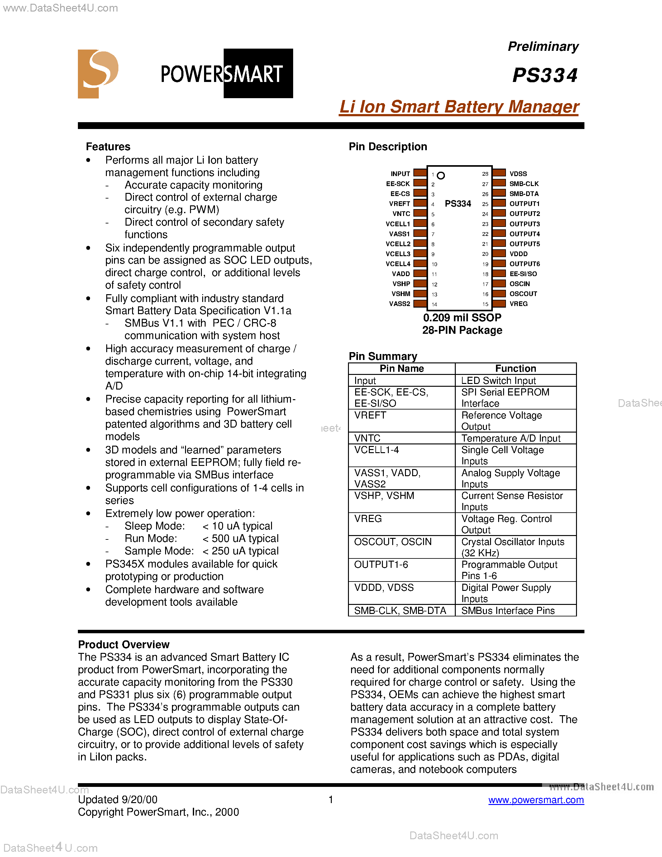 Datasheet PS334 - Programmable Smbus Smart Battery ic page 1